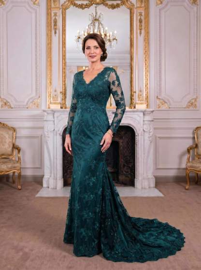 Exquisite Plunge Neck Trumpet Floral Embroidered Mother Of The Bride Dresses
