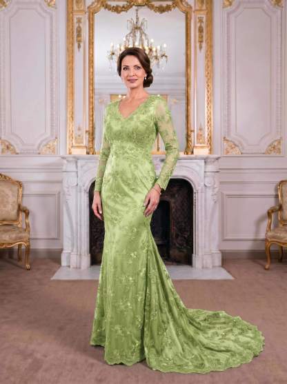 Exquisite Plunge Neck Trumpet Floral Embroidered Mother Of The Bride Dresses
