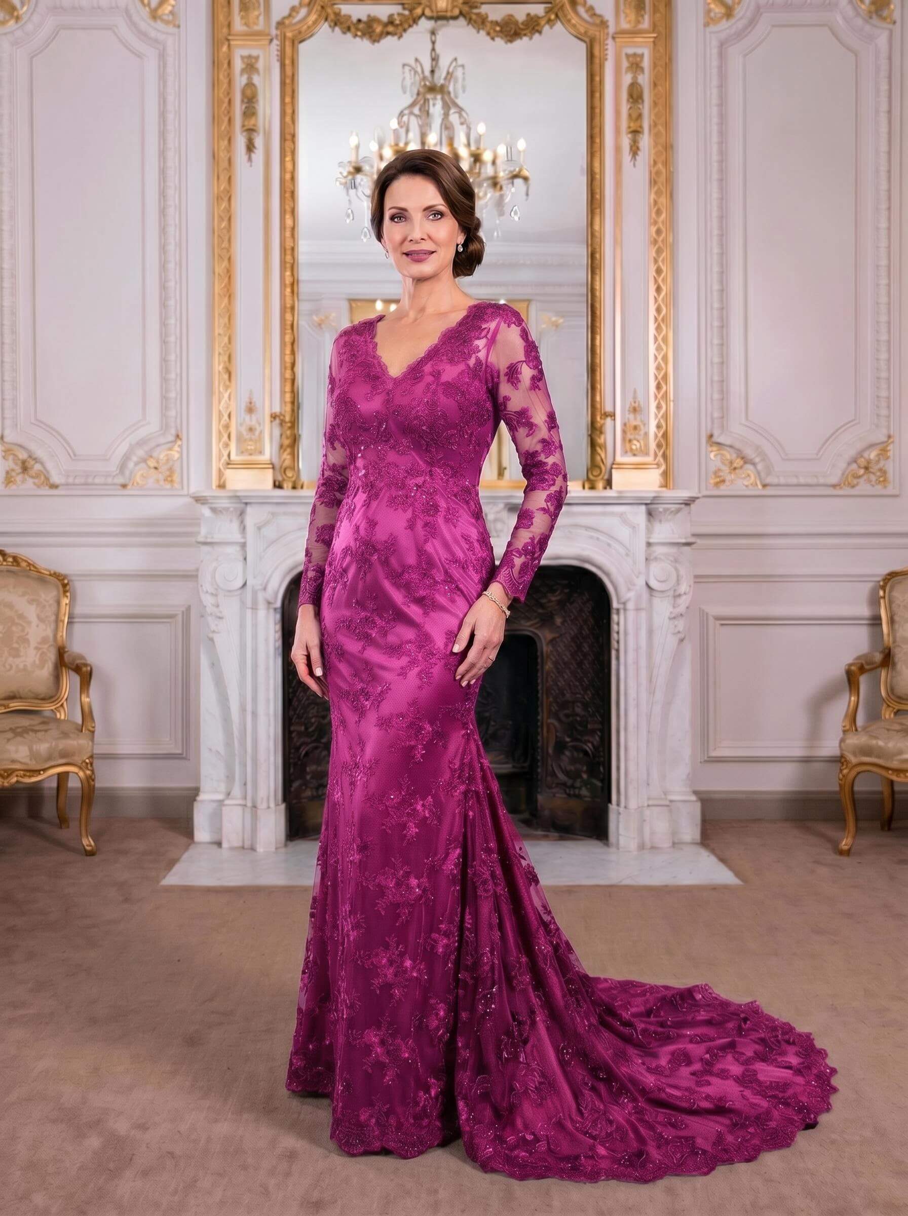 Exquisite Plunge Neck Trumpet Floral Embroidered Mother Of The Bride Dresses