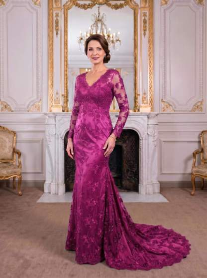 Exquisite Plunge Neck Trumpet Floral Embroidered Mother Of The Bride Dresses
