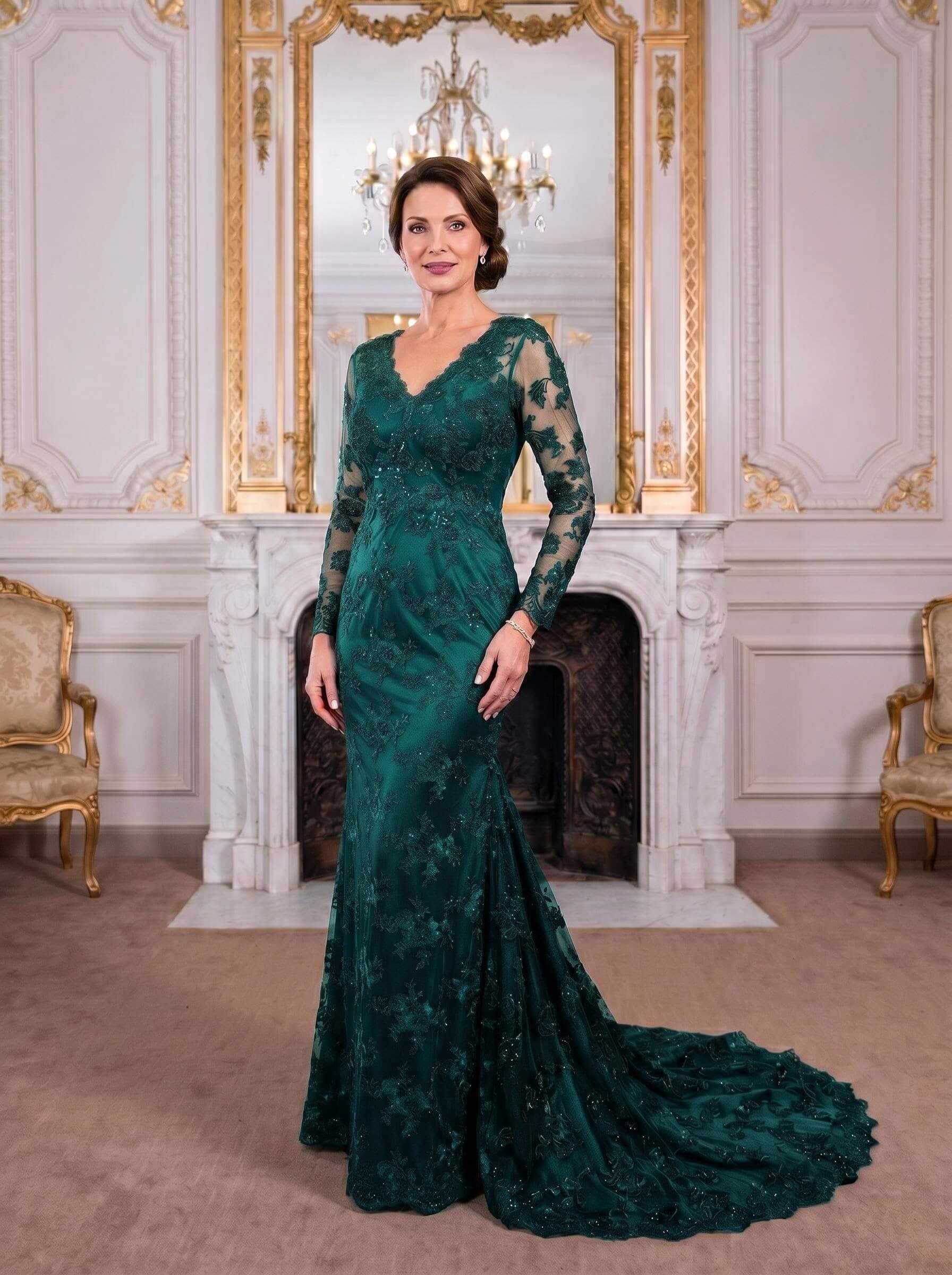 Exquisite Plunge Neck Trumpet Floral Embroidered Mother Of The Bride Dresses