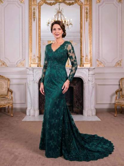 Exquisite Plunge Neck Trumpet Floral Embroidered Mother Of The Bride Dresses