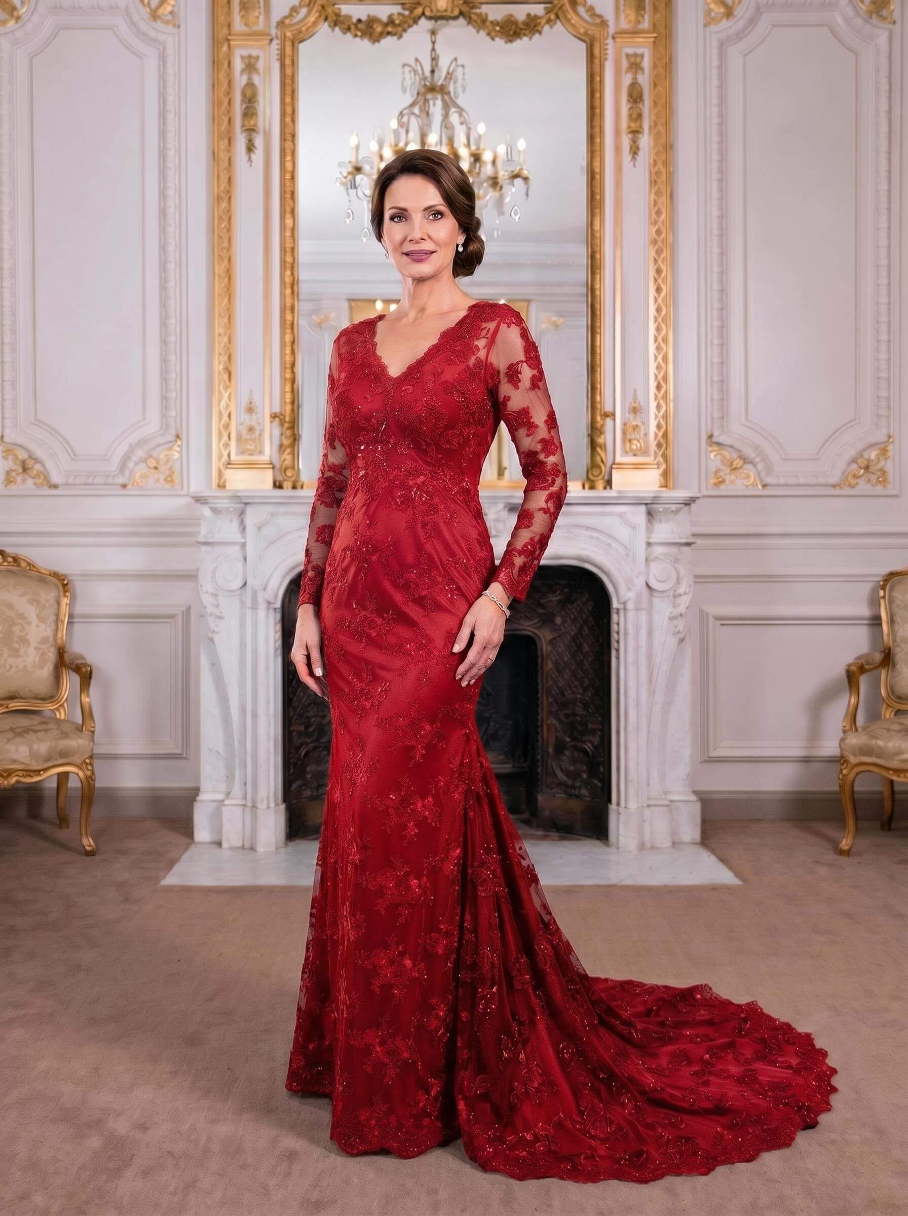 Exquisite Plunge Neck Trumpet Floral Embroidered Mother Of The Bride Dresses
