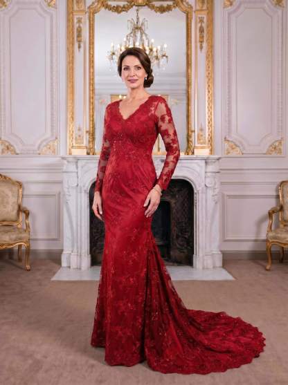 Exquisite Plunge Neck Trumpet Floral Embroidered Mother Of The Bride Dresses