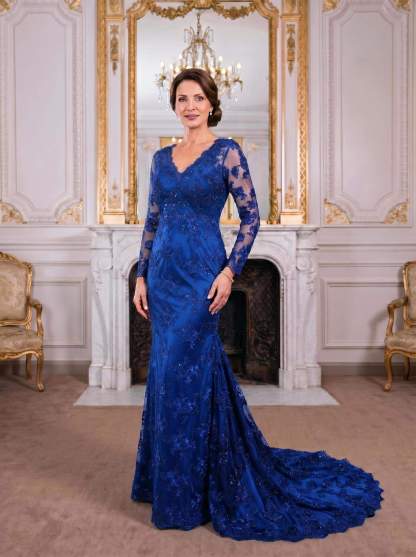Exquisite Plunge Neck Trumpet Floral Embroidered Mother Of The Bride Dresses