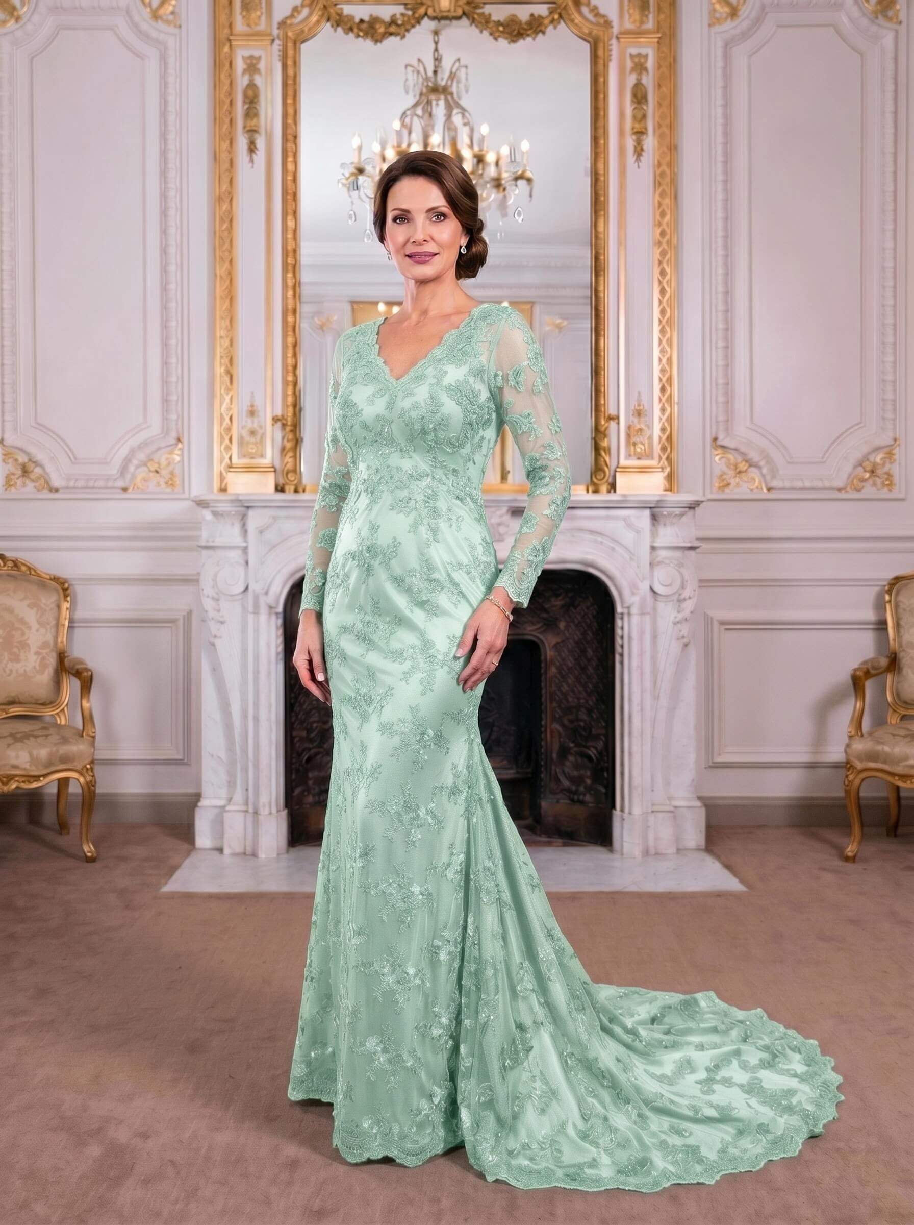 Exquisite Plunge Neck Trumpet Floral Embroidered Mother Of The Bride Dresses