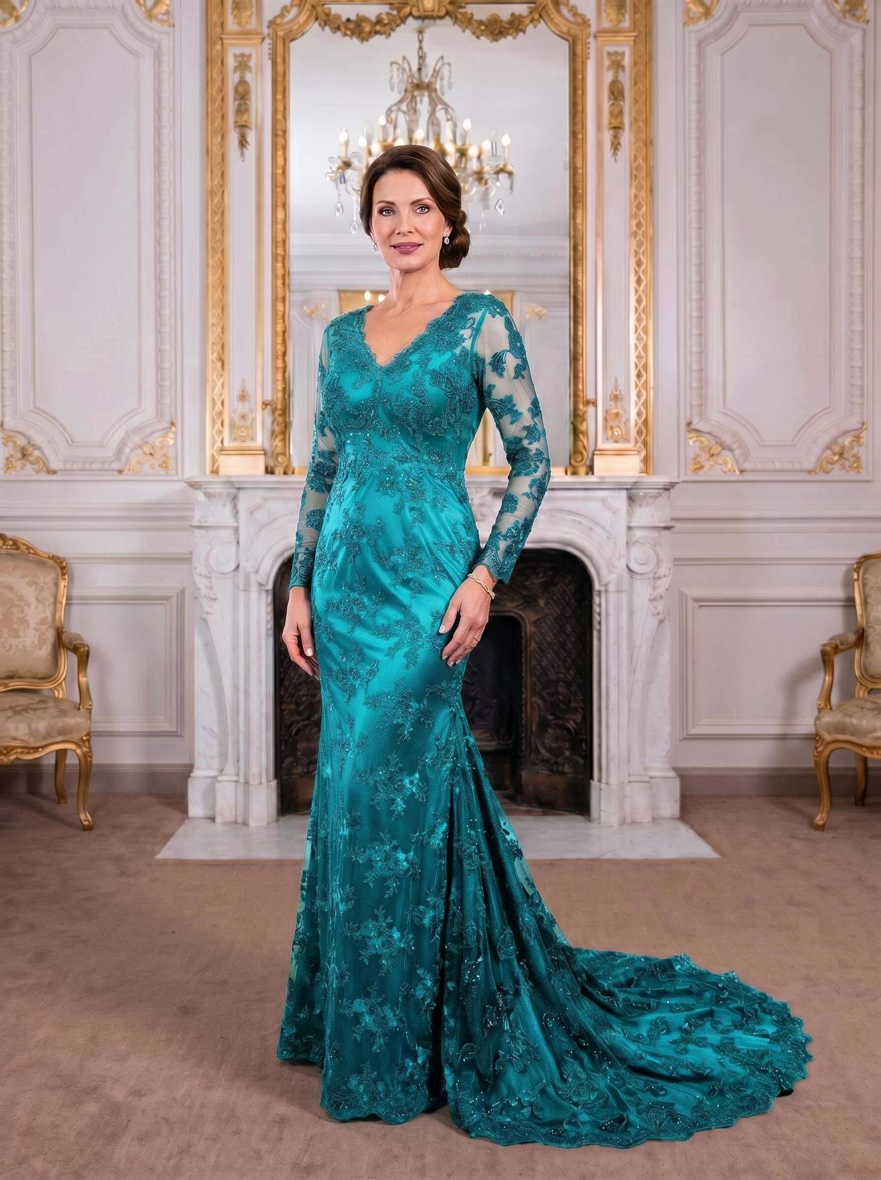 Exquisite Plunge Neck Trumpet Floral Embroidered Mother Of The Bride Dresses