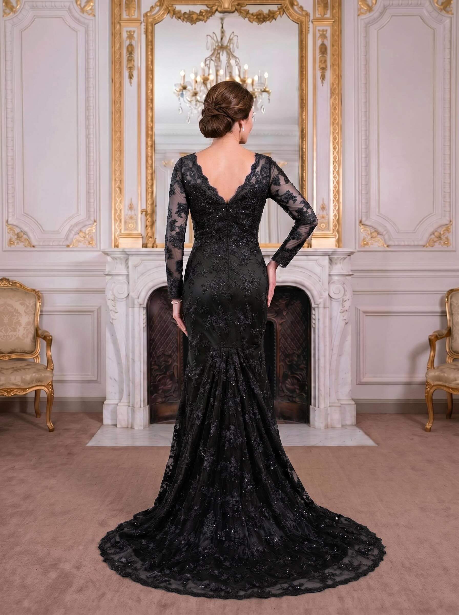 Exquisite Plunge Neck Trumpet Floral Embroidered Mother Of The Bride Dresses