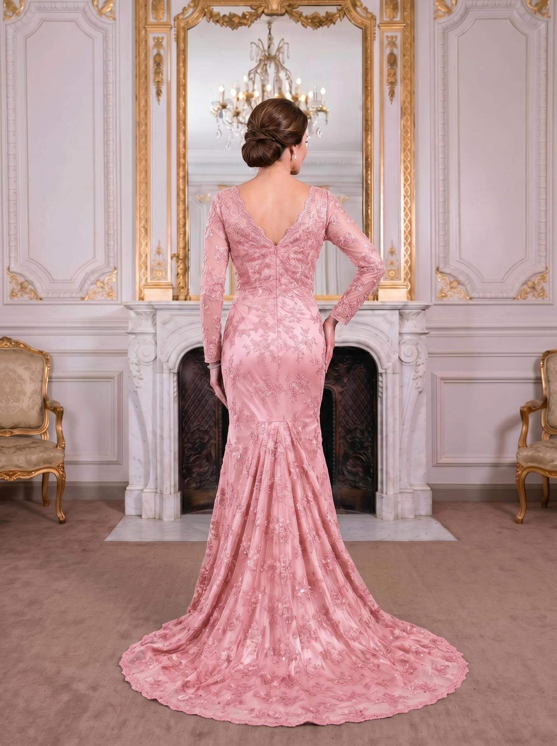 Exquisite Plunge Neck Trumpet Floral Embroidered Mother Of The Bride Dresses