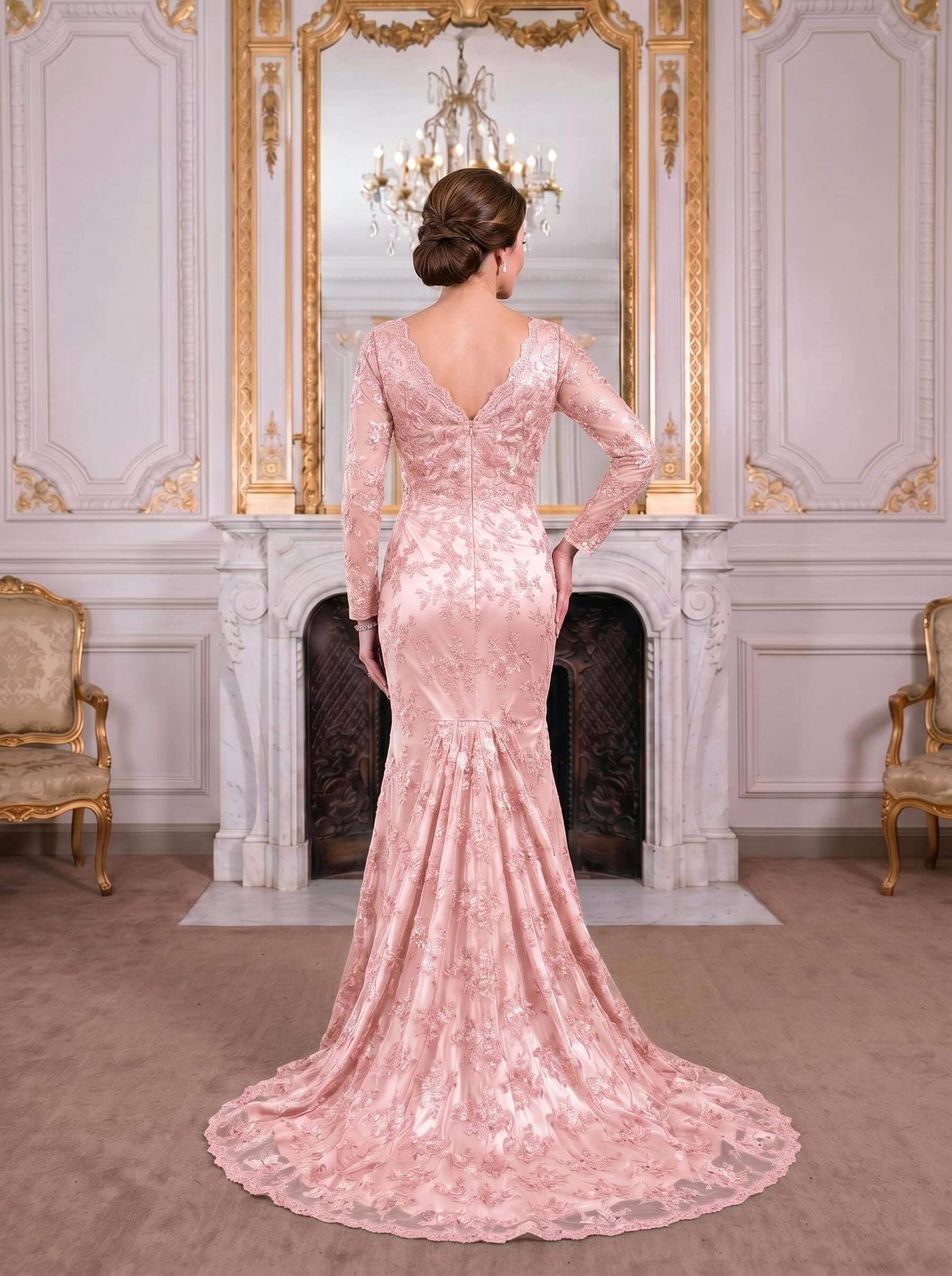Exquisite Plunge Neck Trumpet Floral Embroidered Mother Of The Bride Dresses