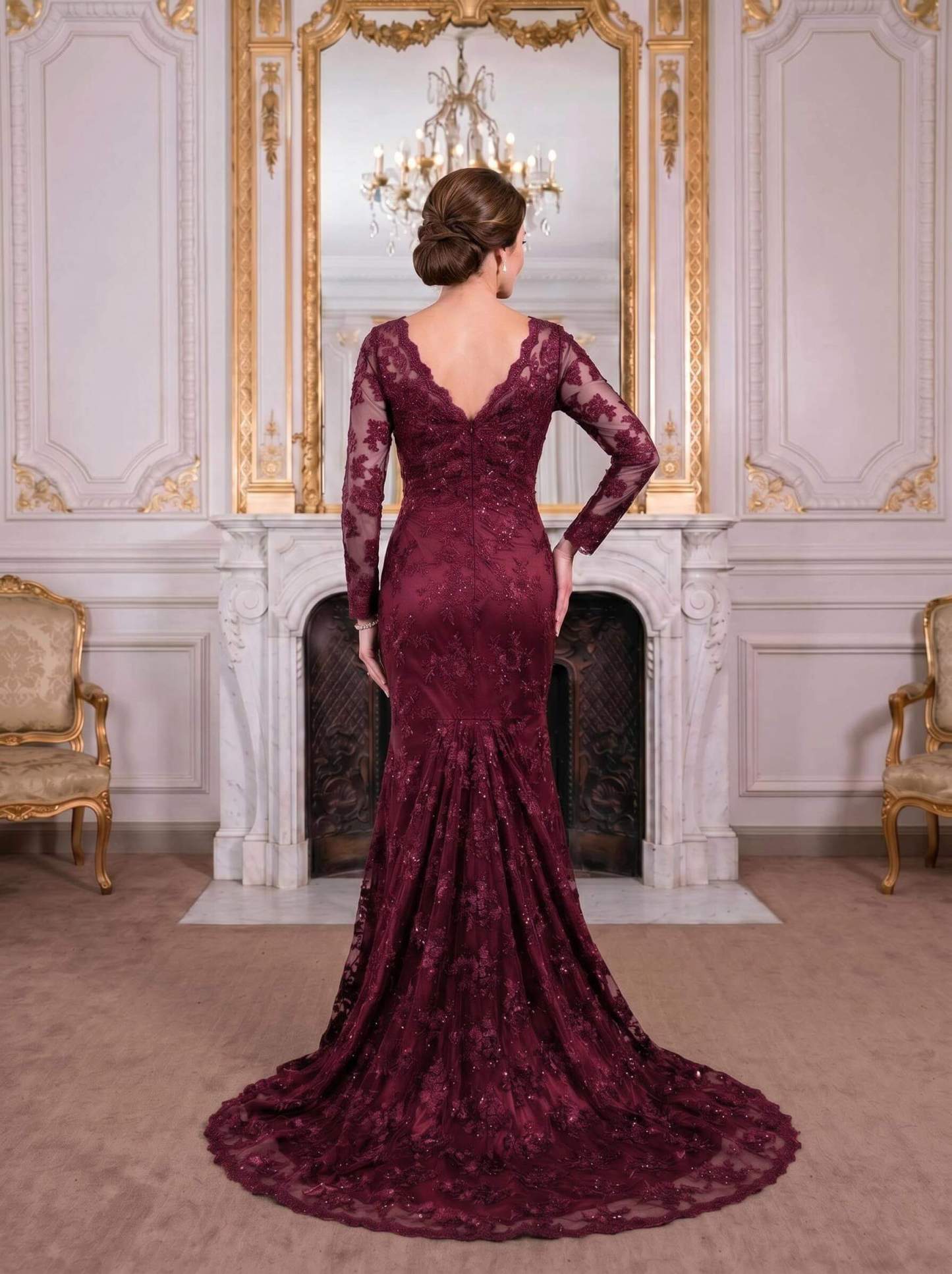 Exquisite Plunge Neck Trumpet Floral Embroidered Mother Of The Bride Dresses