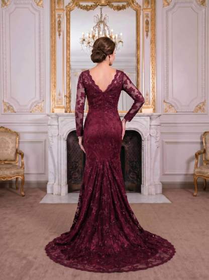 Exquisite Plunge Neck Trumpet Floral Embroidered Mother Of The Bride Dresses