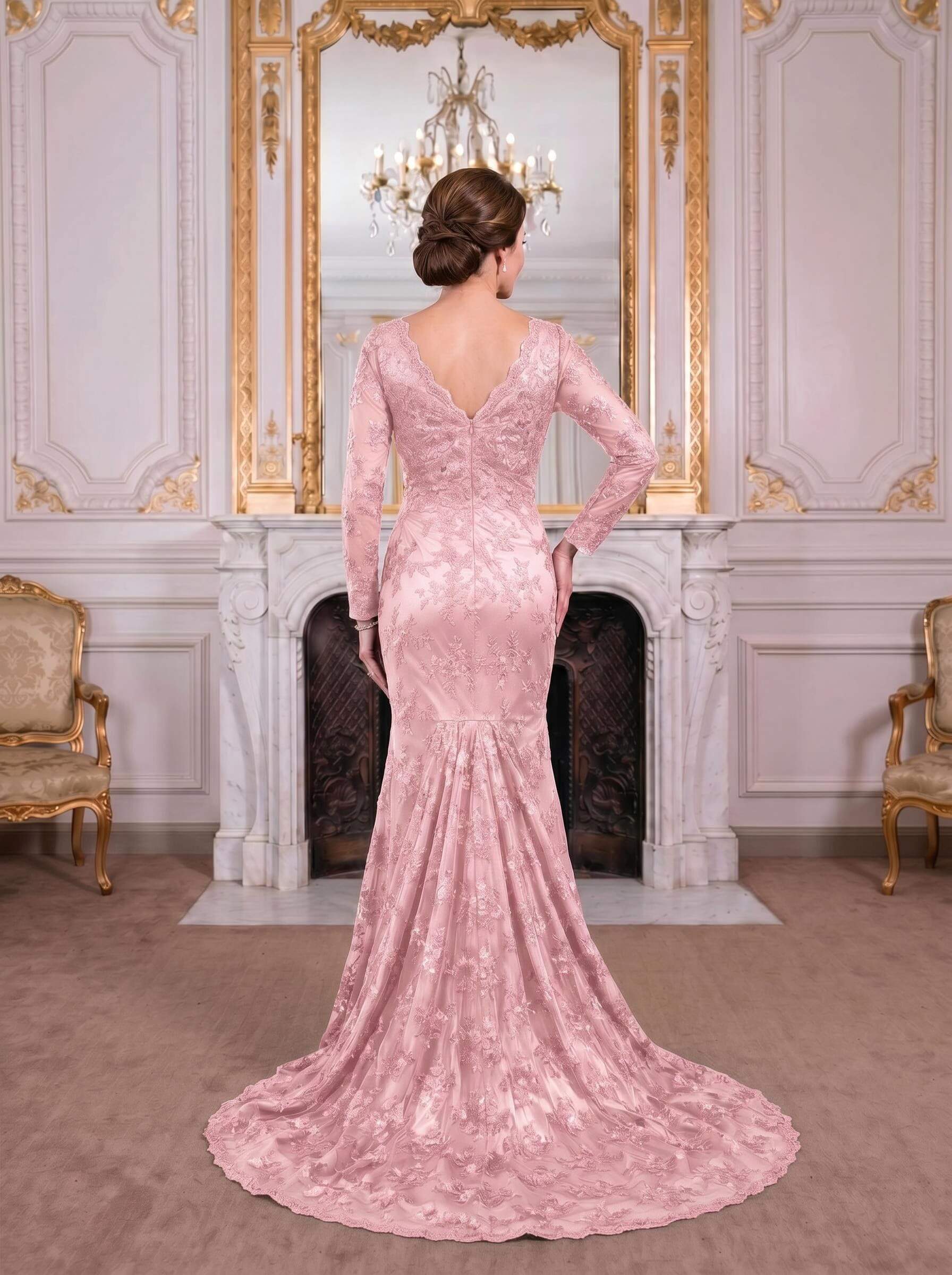 Exquisite Plunge Neck Trumpet Floral Embroidered Mother Of The Bride Dresses