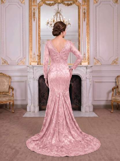 Exquisite Plunge Neck Trumpet Floral Embroidered Mother Of The Bride Dresses
