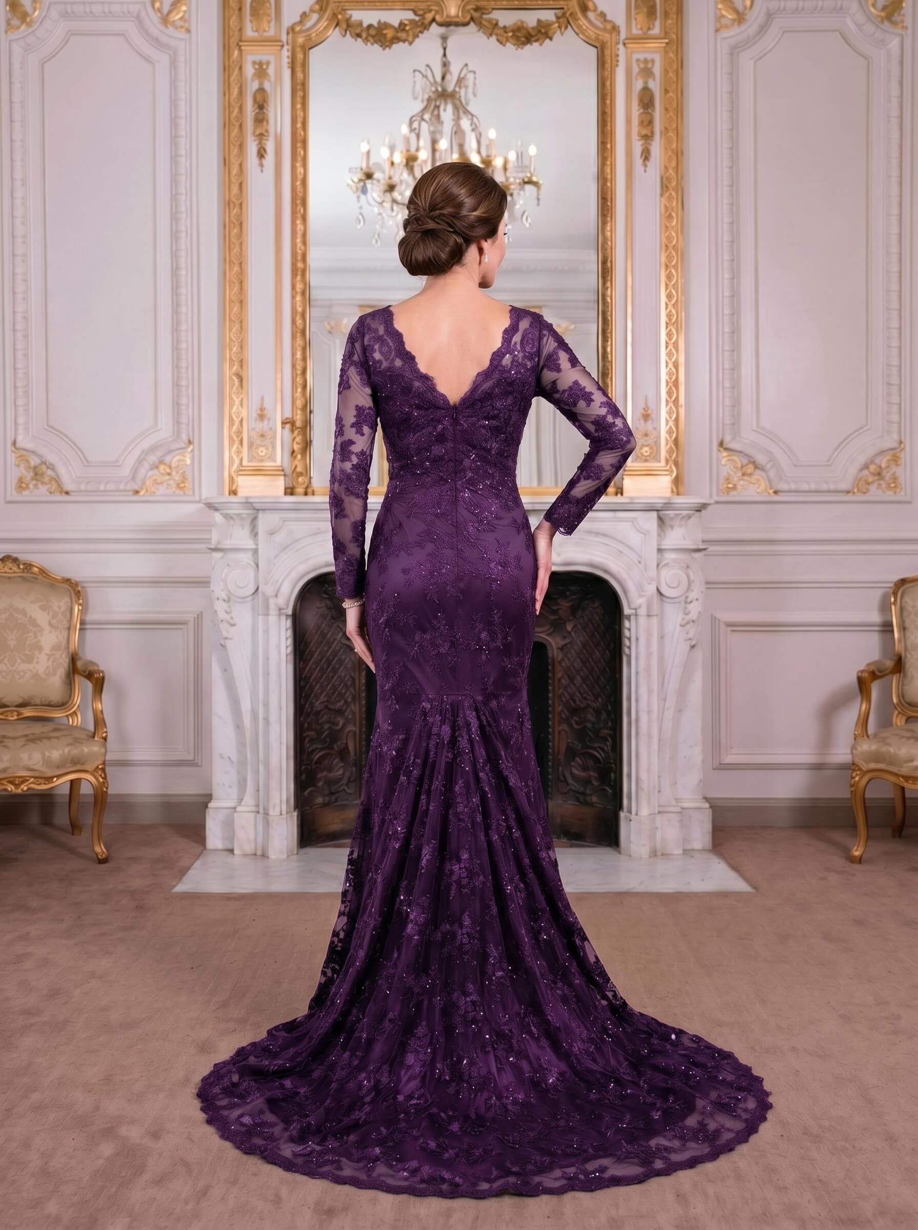 Exquisite Plunge Neck Trumpet Floral Embroidered Mother Of The Bride Dresses