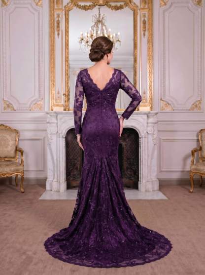 Exquisite Plunge Neck Trumpet Floral Embroidered Mother Of The Bride Dresses