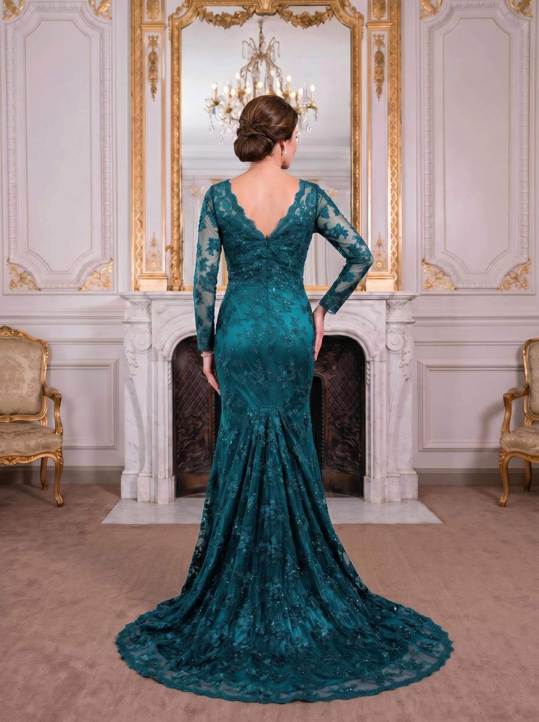 Exquisite Plunge Neck Trumpet Floral Embroidered Mother Of The Bride Dresses