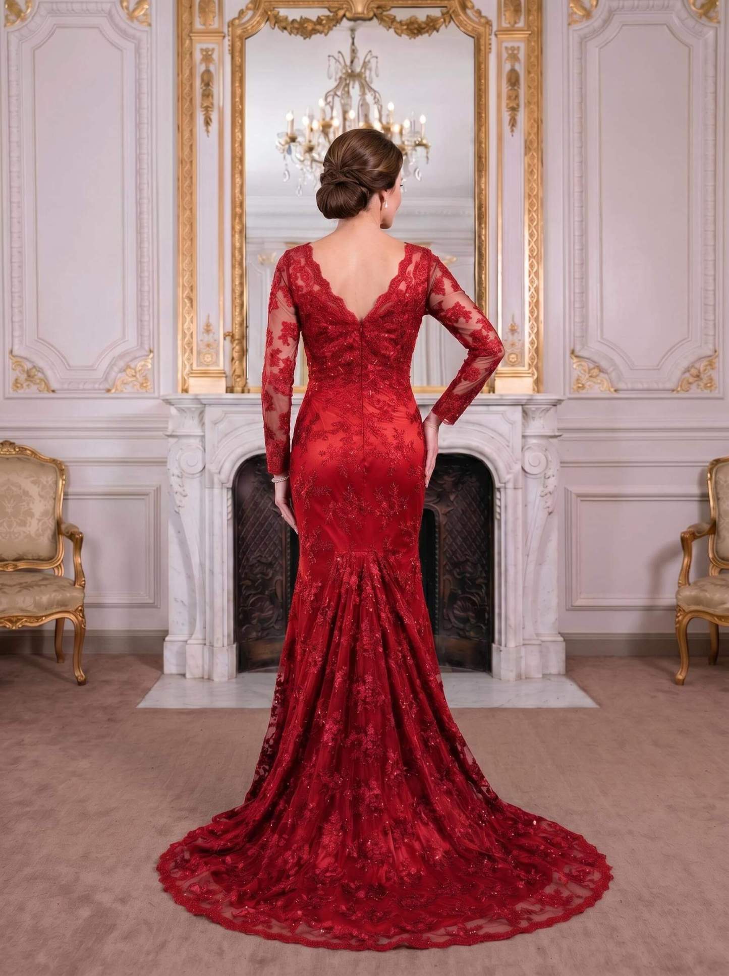 Exquisite Plunge Neck Trumpet Floral Embroidered Mother Of The Bride Dresses