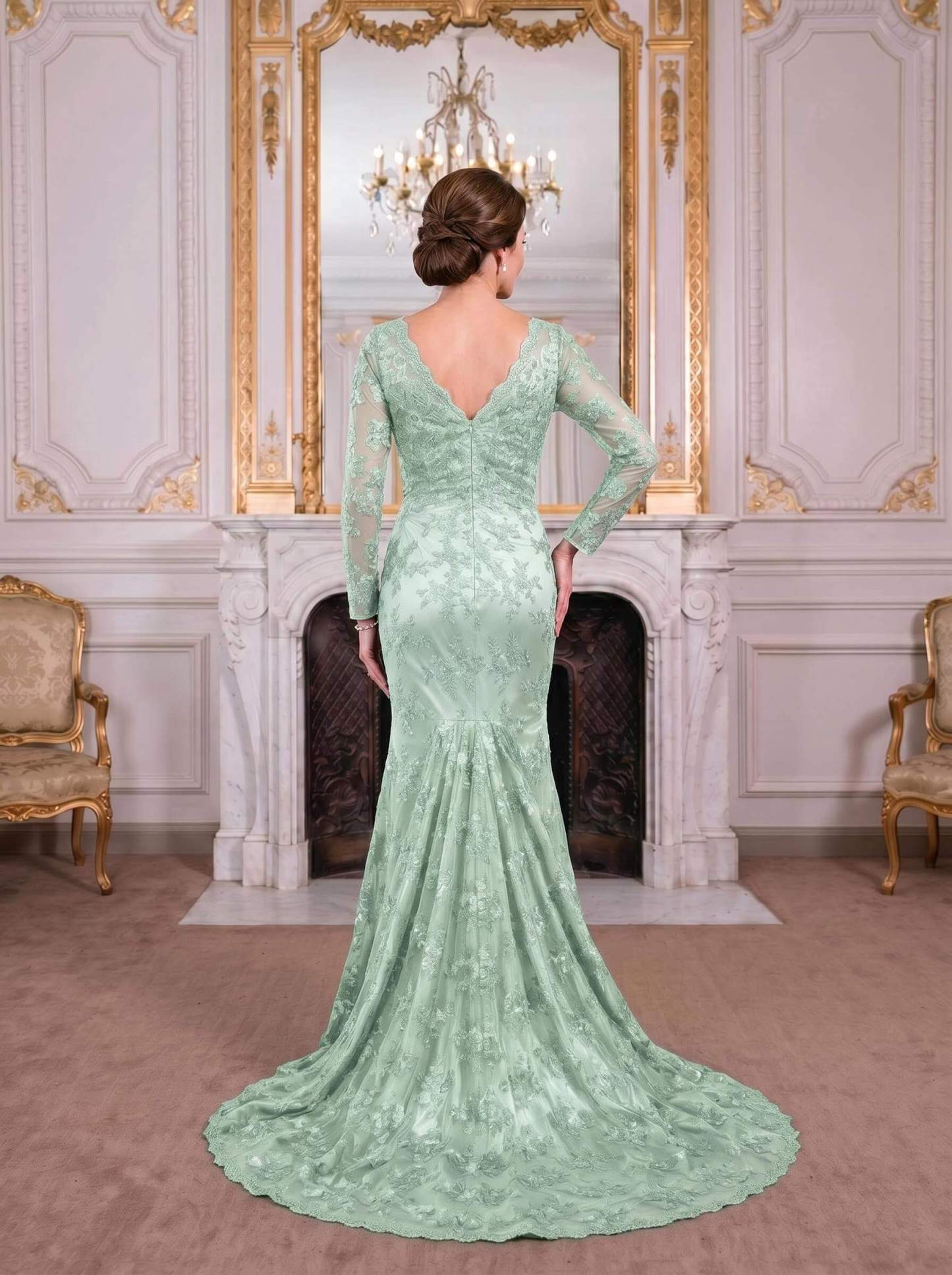 Exquisite Plunge Neck Trumpet Floral Embroidered Mother Of The Bride Dresses