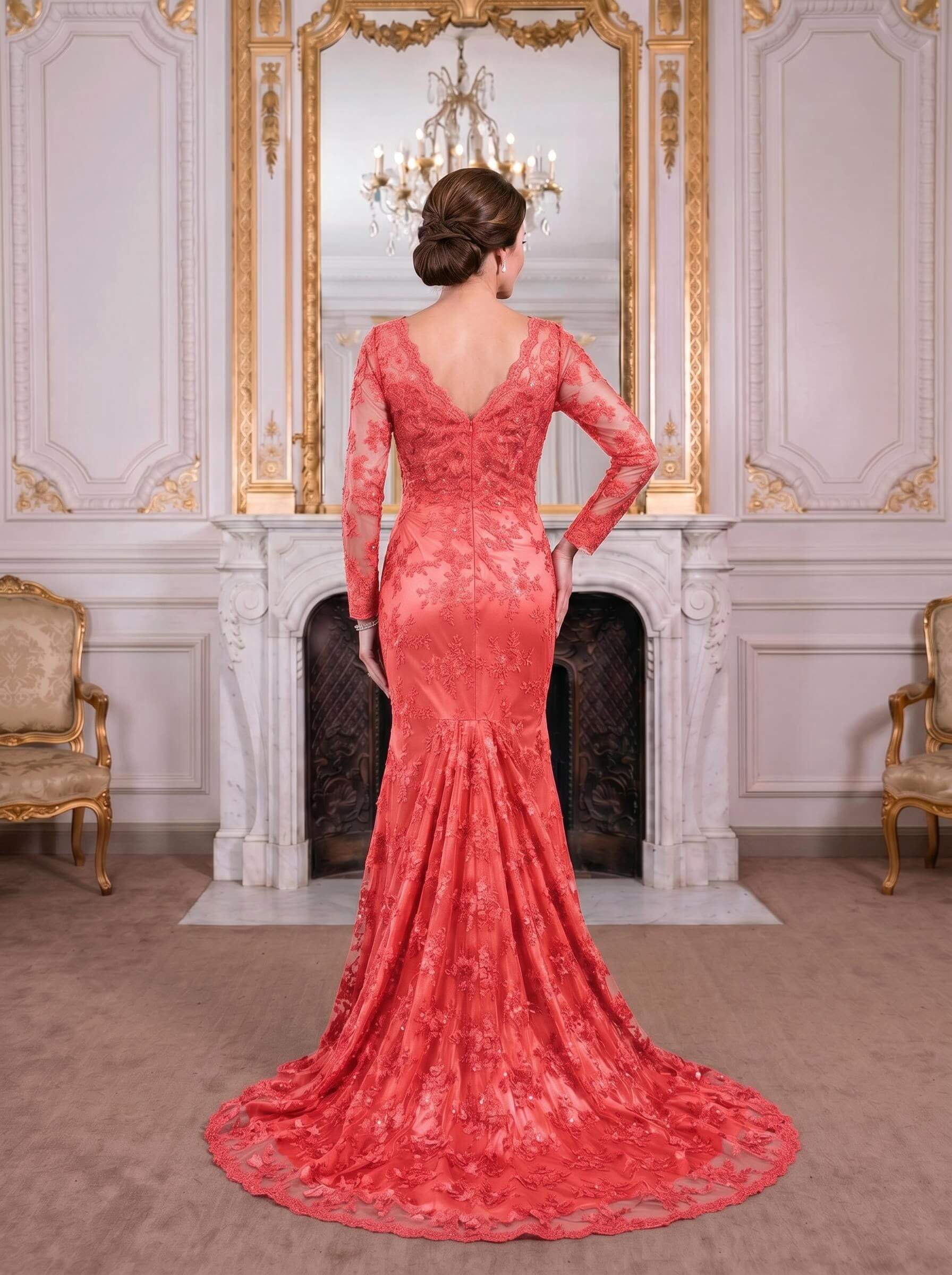 Exquisite Plunge Neck Trumpet Floral Embroidered Mother Of The Bride Dresses