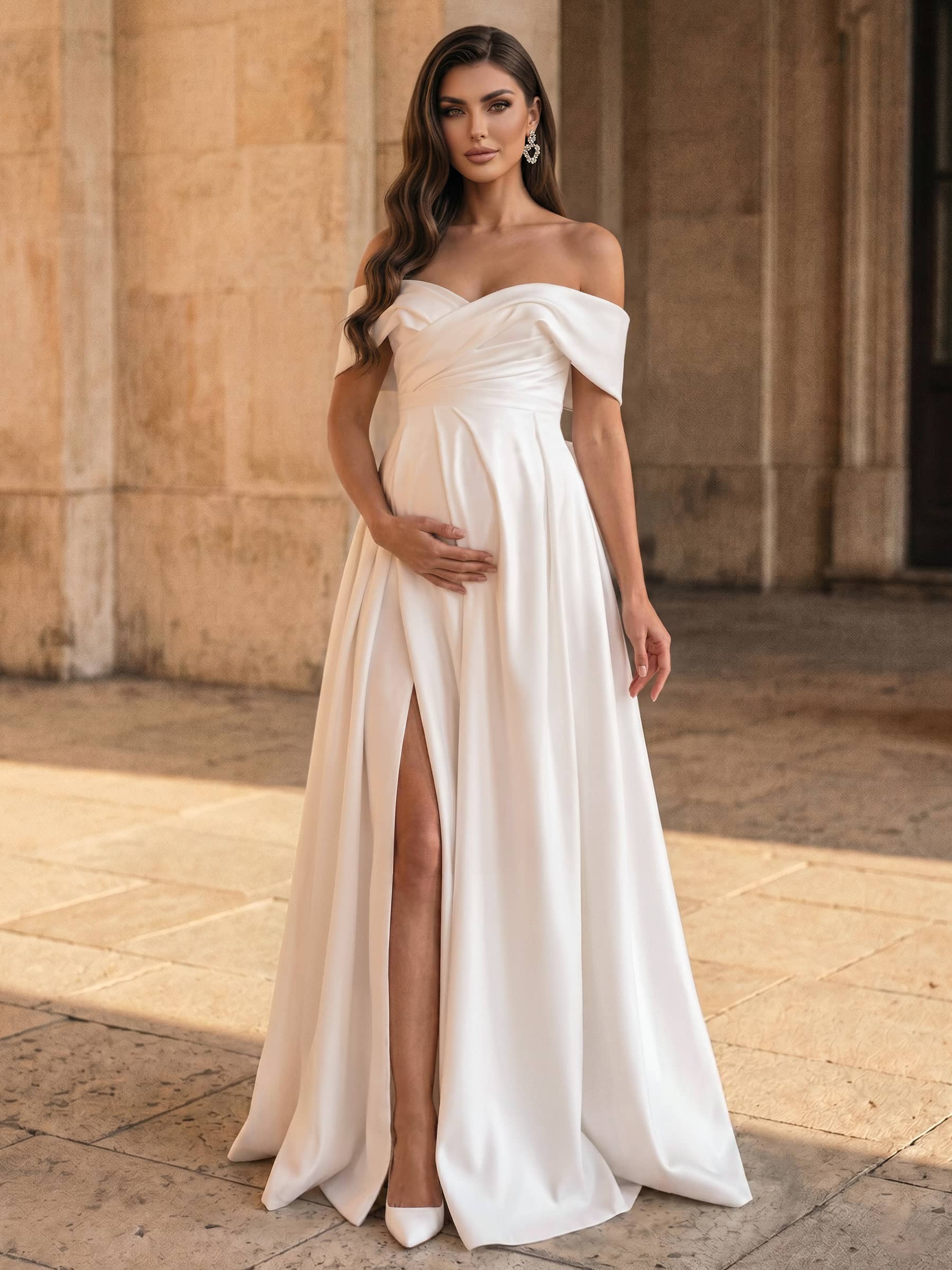 A-Line Satin Maternity Wedding Dresses Off-The-Shoulder With Bow High Split in Ivory