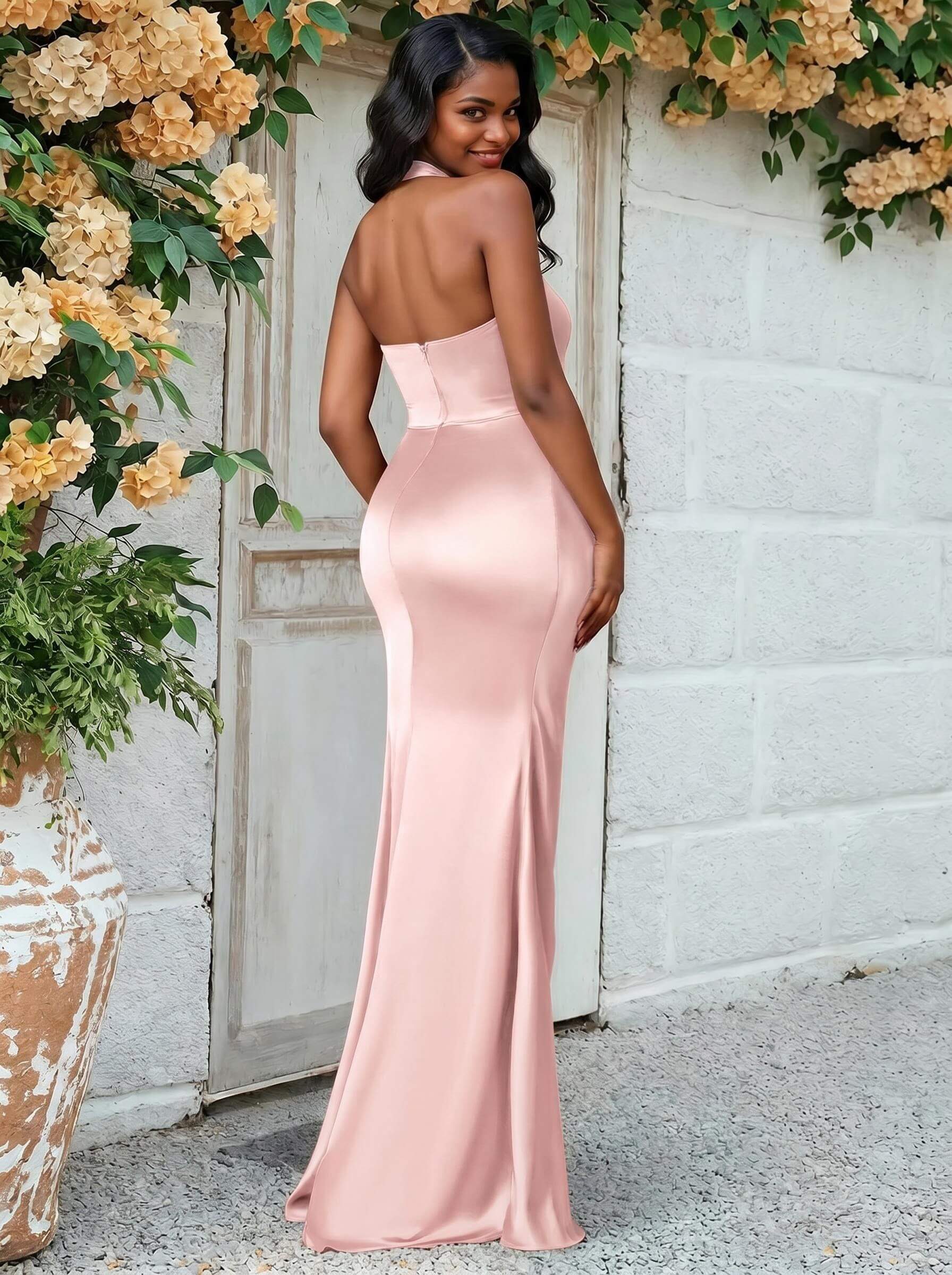 Trumpet/Mermaid Halter Floor-Length Silk Like Satin Bridesmaid Dresses With High Split, product image 22
