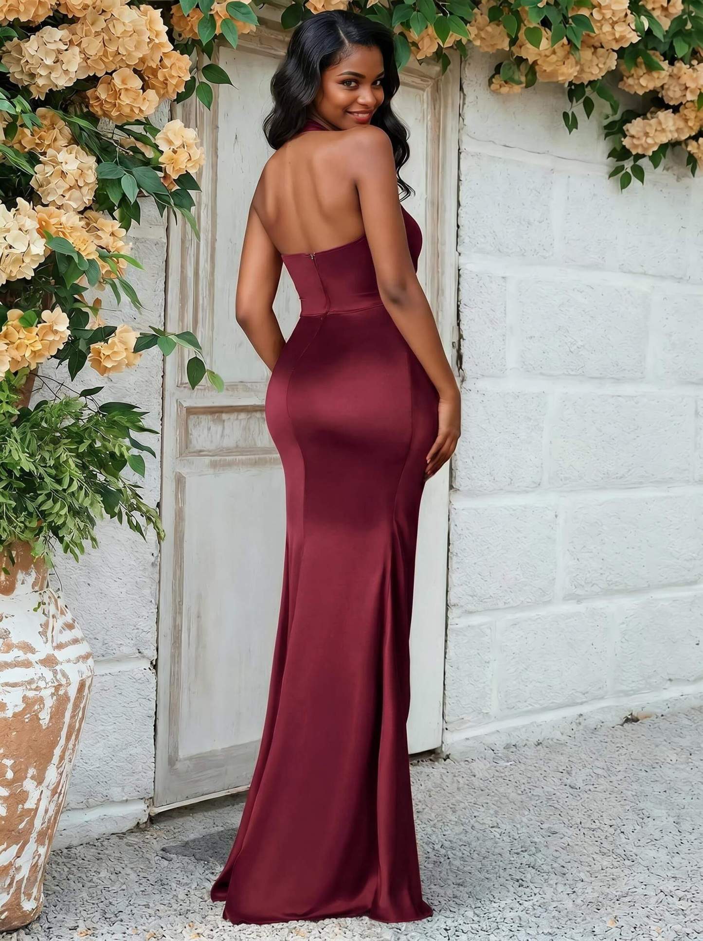 Trumpet/Mermaid Halter Floor-Length Silk Like Satin Bridesmaid Dresses With High Split, product image 12