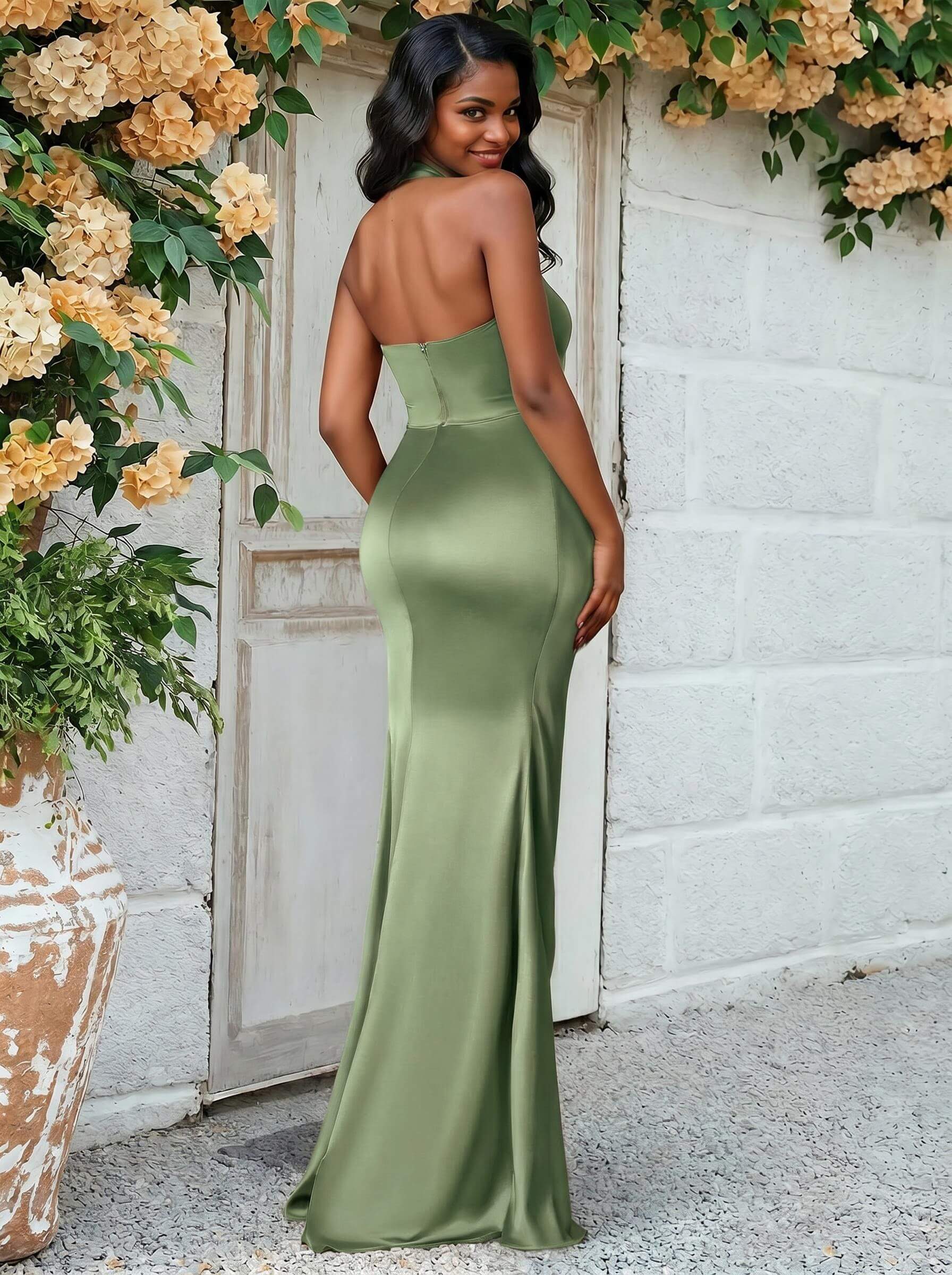Trumpet/Mermaid Halter Floor-Length Silk Like Satin Bridesmaid Dresses With High Split, product image 18