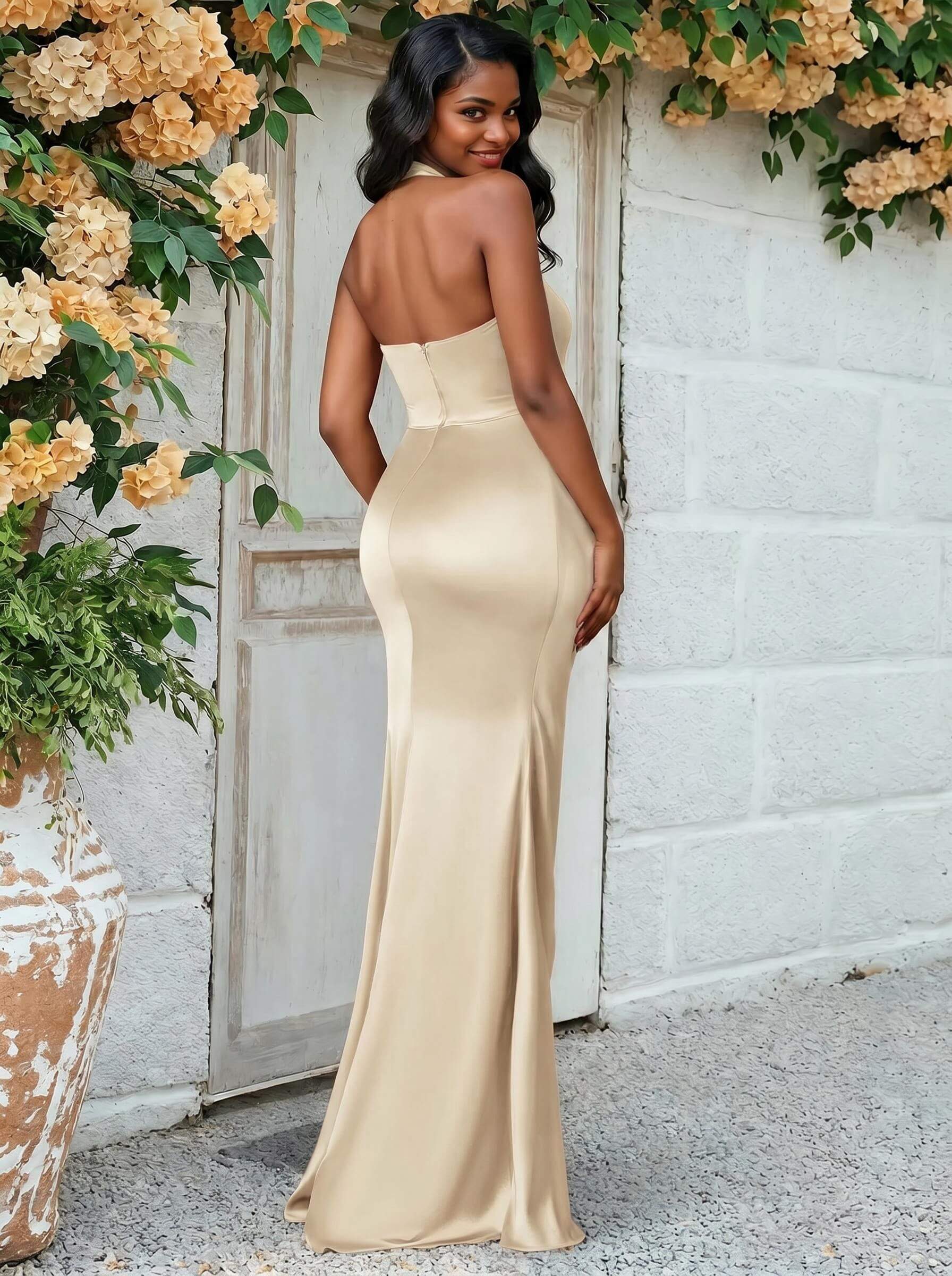 Trumpet/Mermaid Halter Floor-Length Silk Like Satin Bridesmaid Dresses With High Split, product image 28