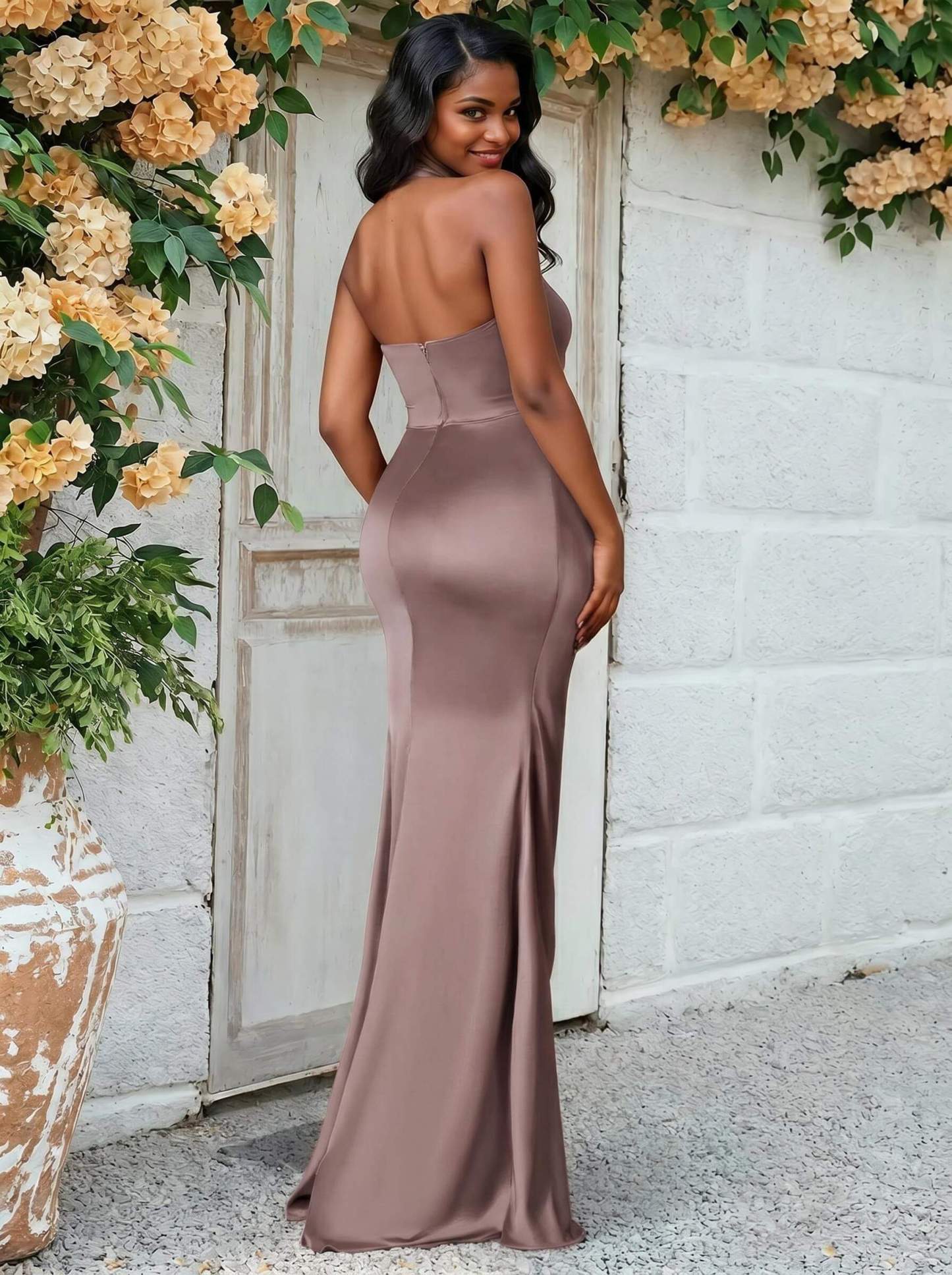 Trumpet/Mermaid Halter Floor-Length Silk Like Satin Bridesmaid Dresses With High Split, product image 36