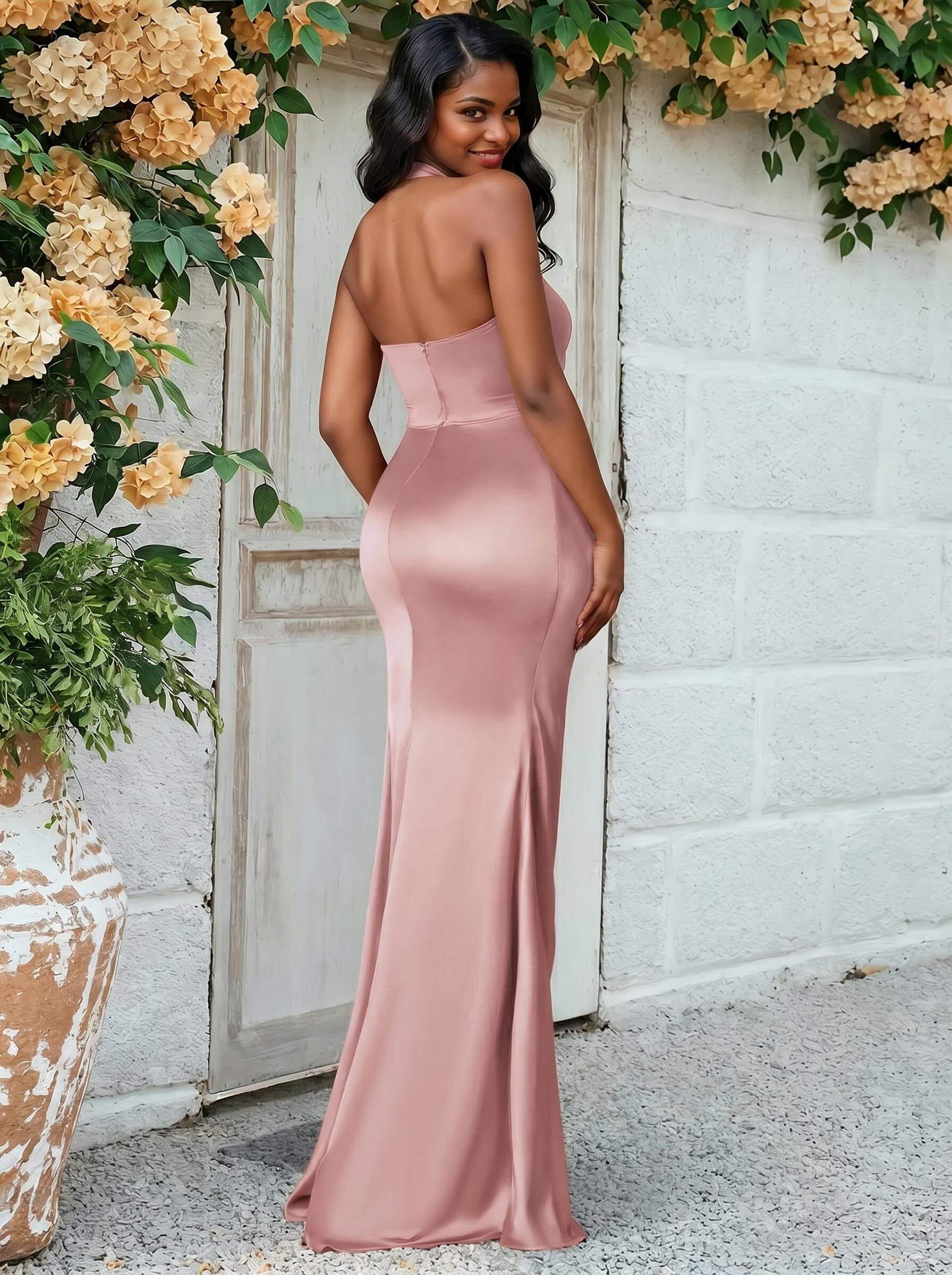 Trumpet/Mermaid Halter Floor-Length Silk Like Satin Bridesmaid Dresses With High Split, product image 4