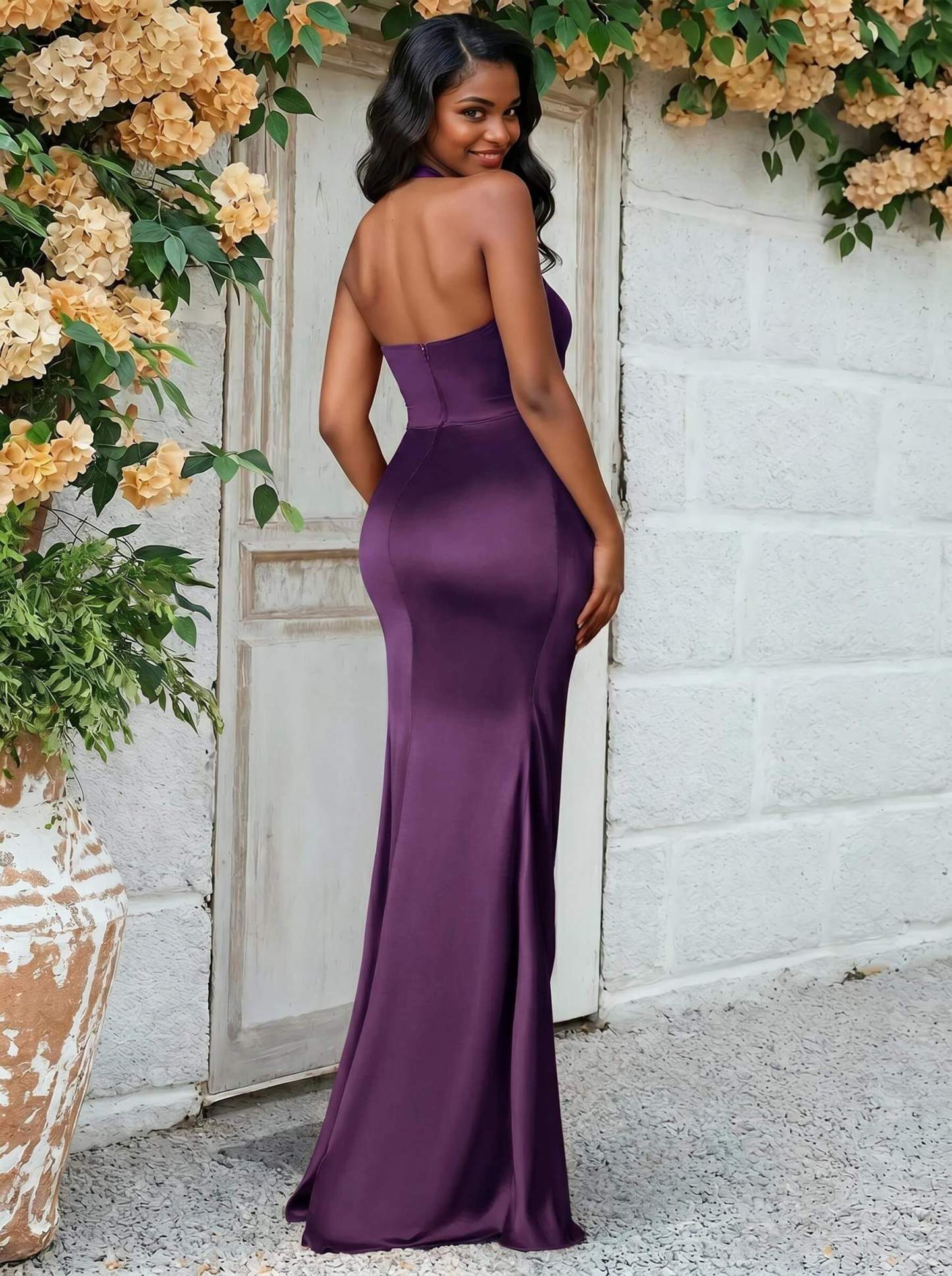 Trumpet/Mermaid Halter Floor-Length Silk Like Satin Bridesmaid Dresses With High Split, product image 38