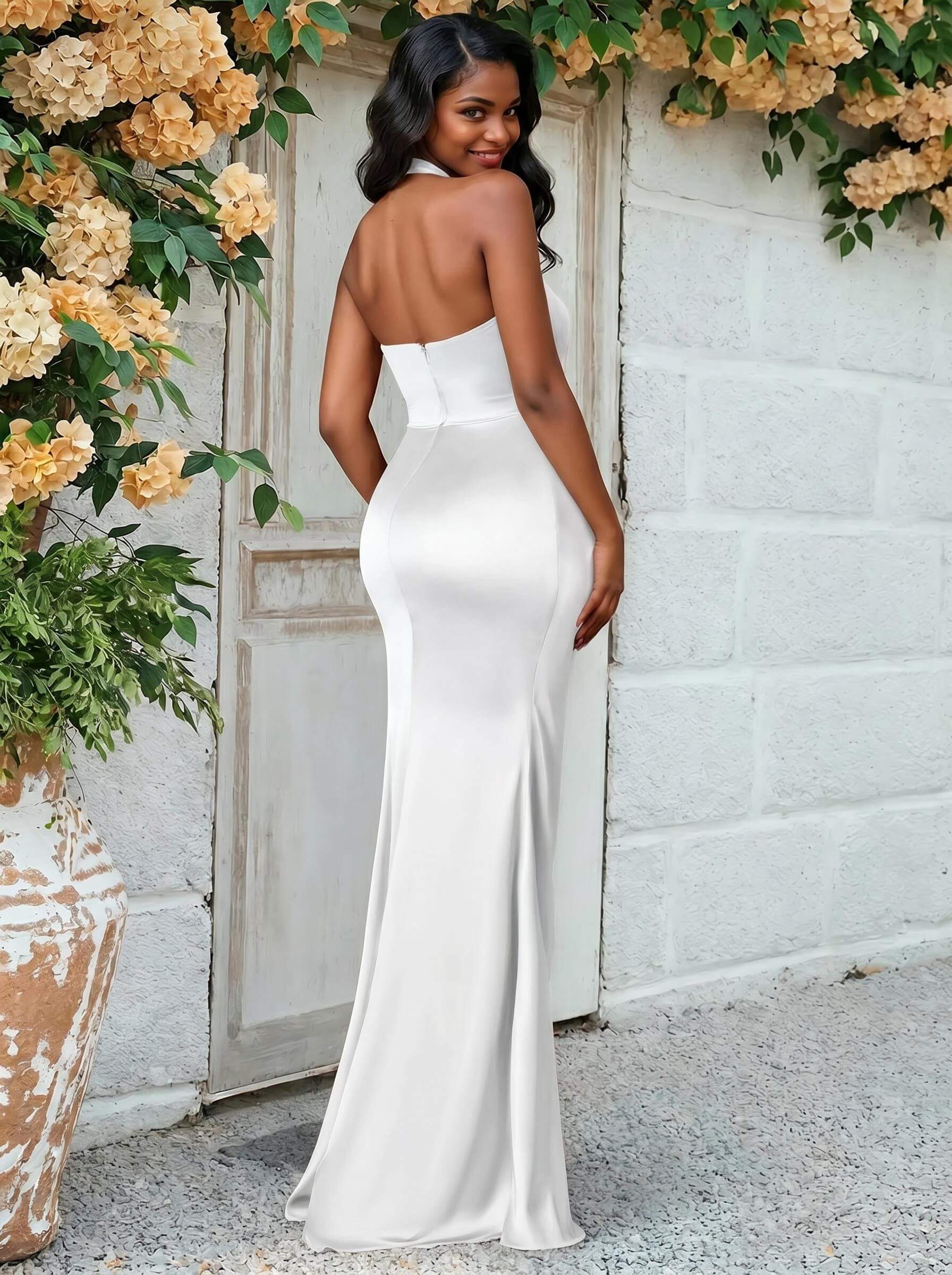 Trumpet/Mermaid Halter Floor-Length Silk Like Satin Bridesmaid Dresses With High Split, product image 44