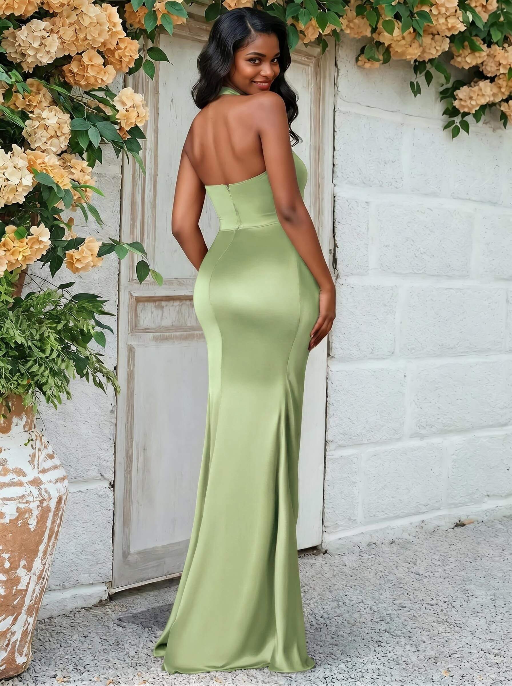 Trumpet/Mermaid Halter Floor-Length Silk Like Satin Bridesmaid Dresses With High Split, product image 102