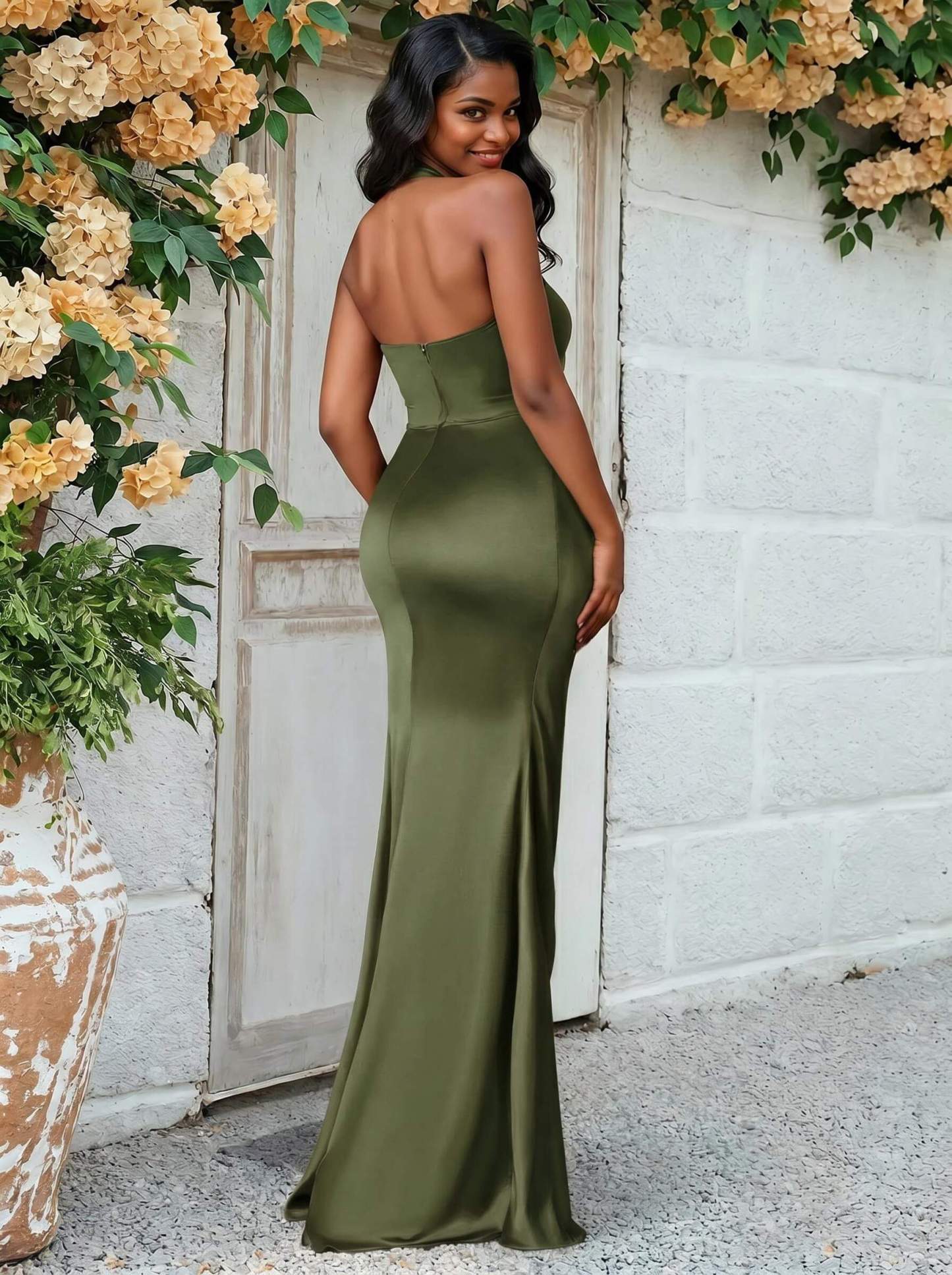 Trumpet/Mermaid Halter Floor-Length Silk Like Satin Bridesmaid Dresses With High Split, product image 94