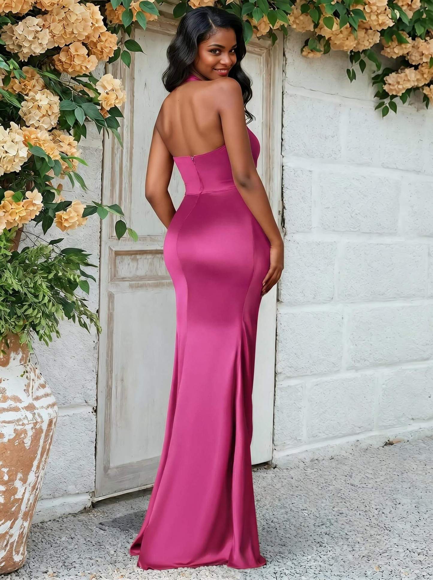 Trumpet/Mermaid Halter Floor-Length Silk Like Satin Bridesmaid Dresses With High Split, product image 72