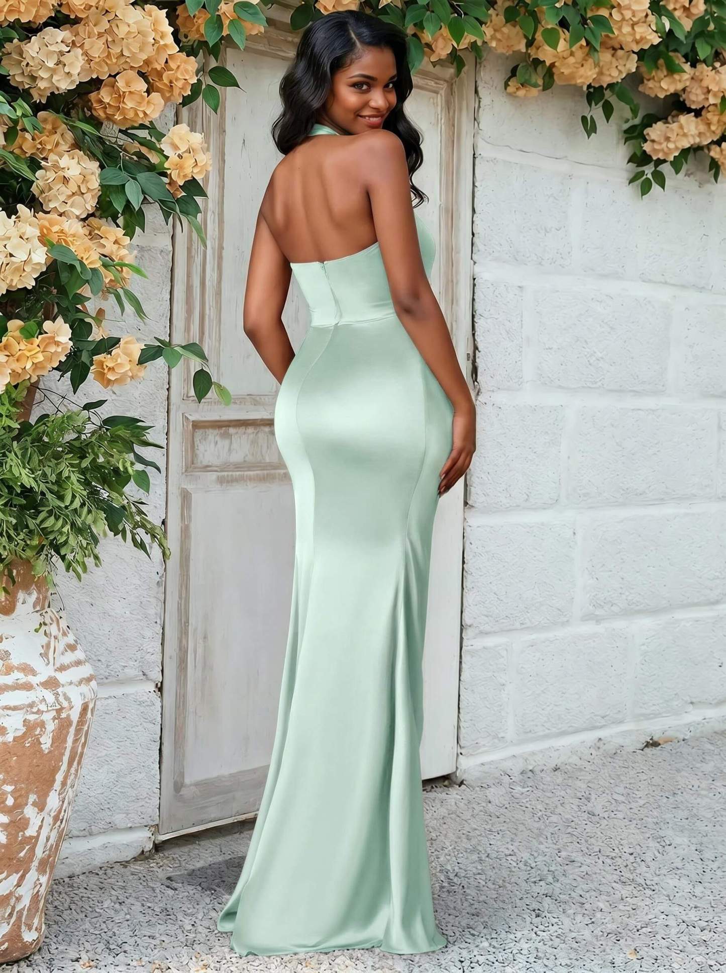 Trumpet/Mermaid Halter Floor-Length Silk Like Satin Bridesmaid Dresses With High Split, product image 86