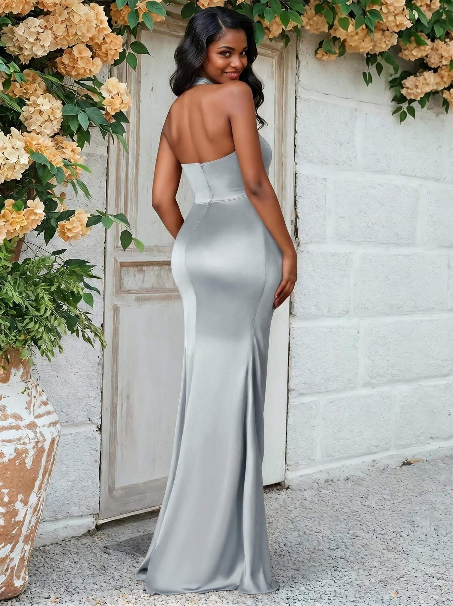 Trumpet/Mermaid Halter Floor-Length Silk Like Satin Bridesmaid Dresses With High Split, product image 30
