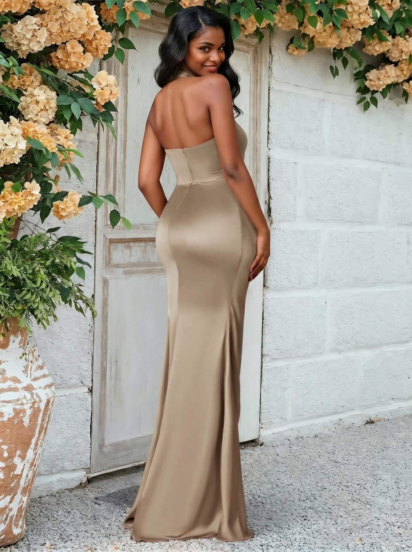 Trumpet/Mermaid Halter Floor-Length Silk Like Satin Bridesmaid Dresses With High Split, product image 62
