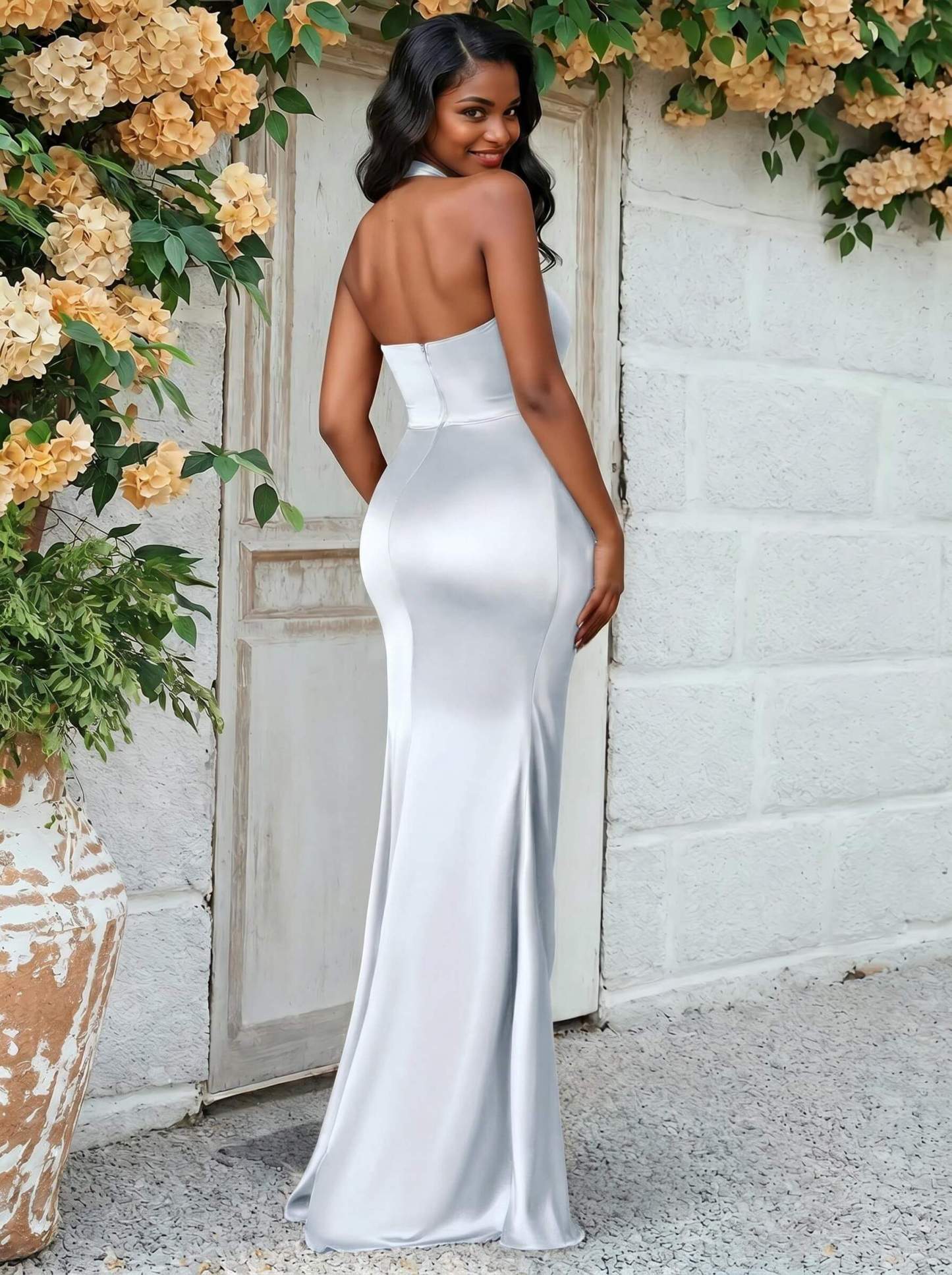 Trumpet/Mermaid Halter Floor-Length Silk Like Satin Bridesmaid Dresses With High Split, product image 90