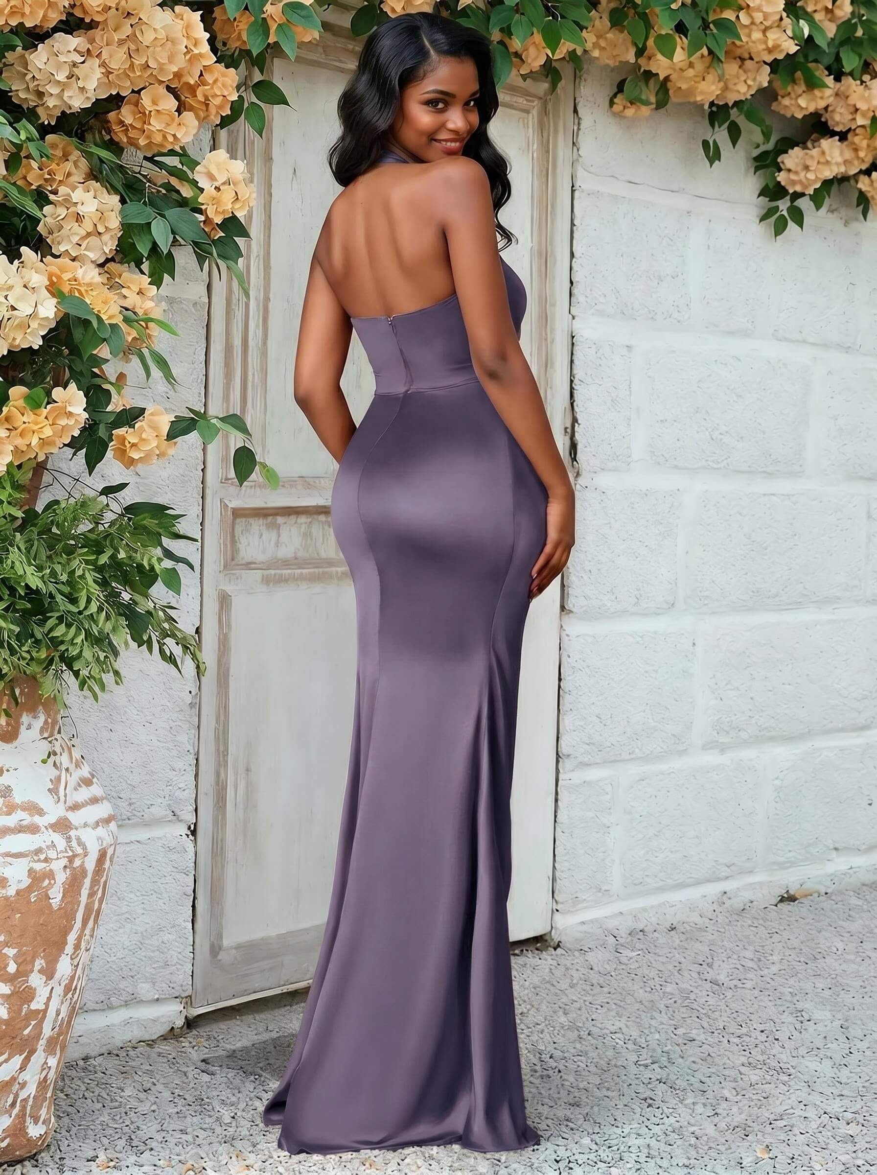 Trumpet/Mermaid Halter Floor-Length Silk Like Satin Bridesmaid Dresses With High Split, product image 26