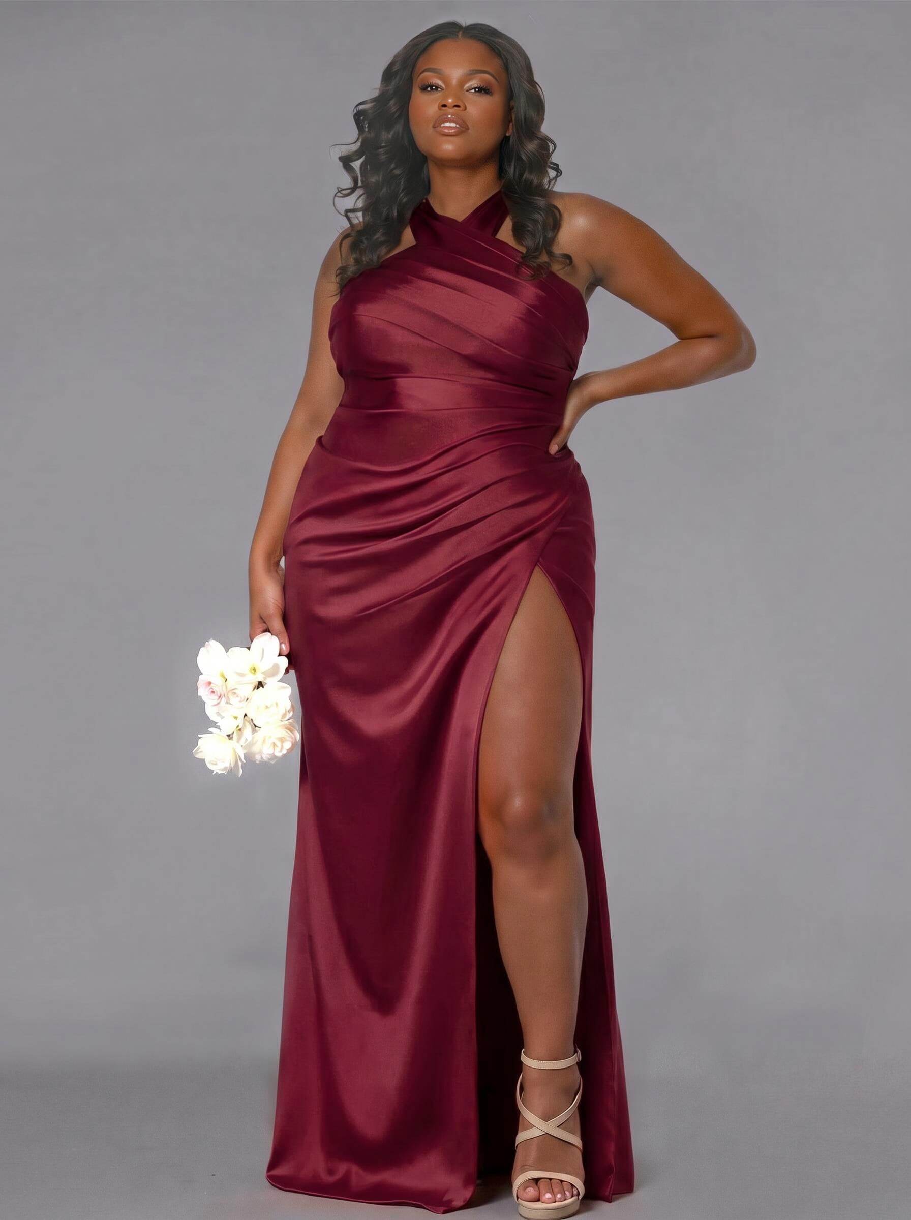 Trumpet/Mermaid Halter Floor-Length Silk Like Satin Bridesmaid Dresses With High Split, product image 111