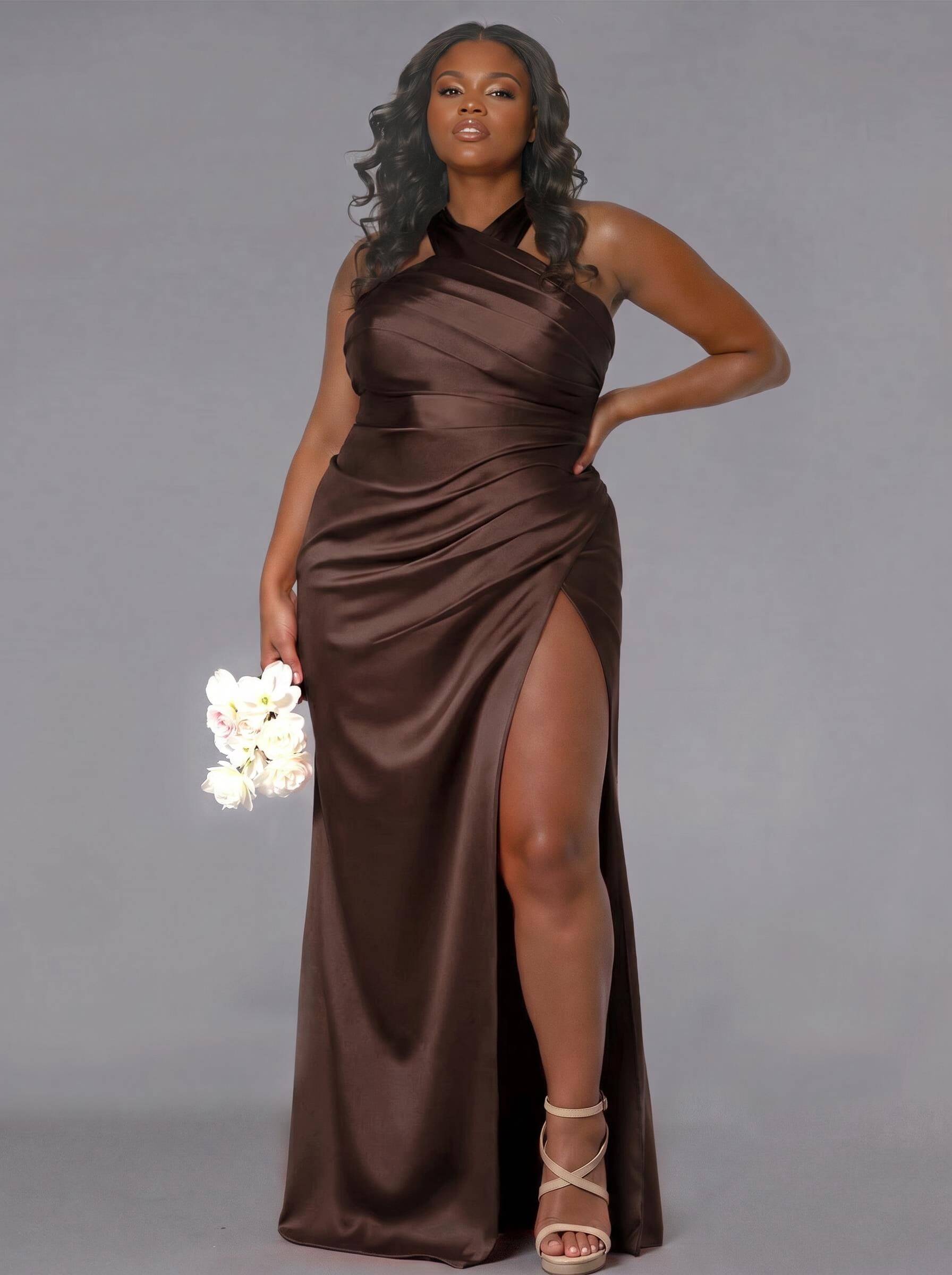 Trumpet/Mermaid Halter Floor-Length Silk Like Satin Bridesmaid Dresses With High Split, product image 187