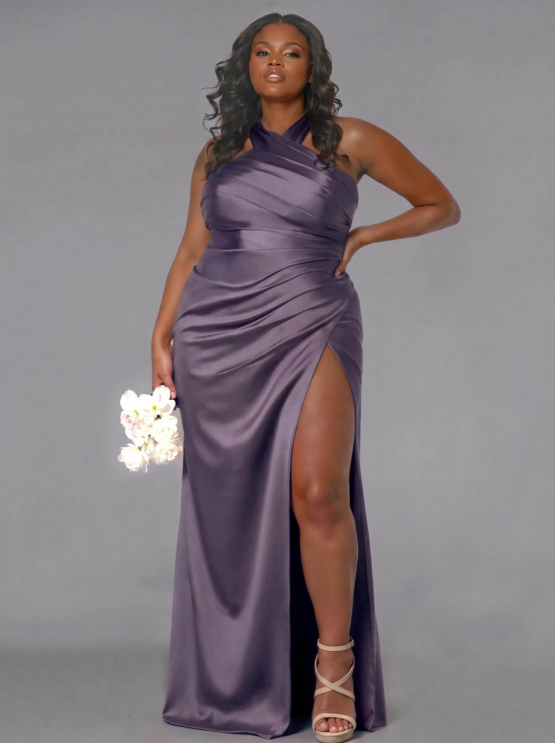 Trumpet/Mermaid Halter Floor-Length Silk Like Satin Bridesmaid Dresses With High Split, product image 125