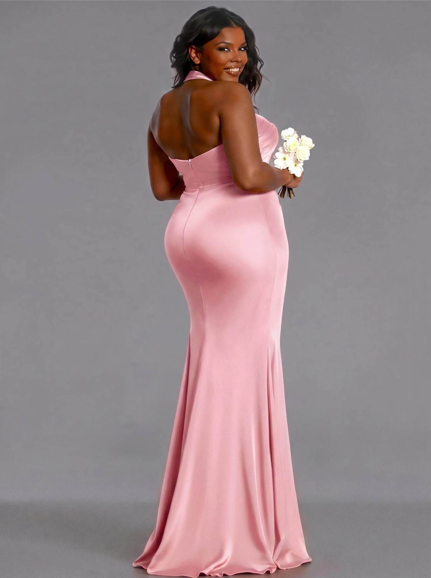 Trumpet/Mermaid Halter Floor-Length Silk Like Satin Bridesmaid Dresses With High Split, product image 114