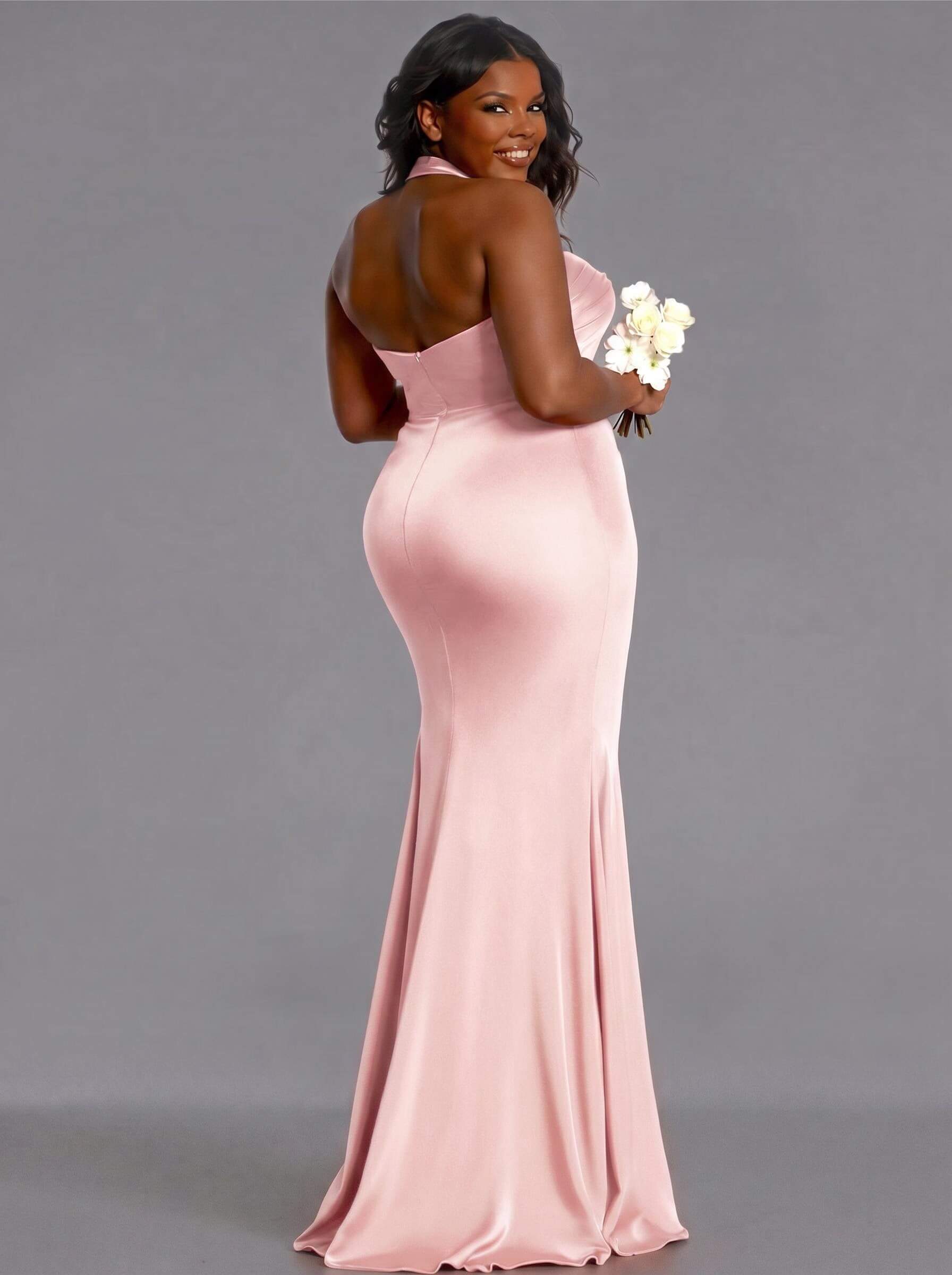 Trumpet/Mermaid Halter Floor-Length Silk Like Satin Bridesmaid Dresses With High Split, product image 122
