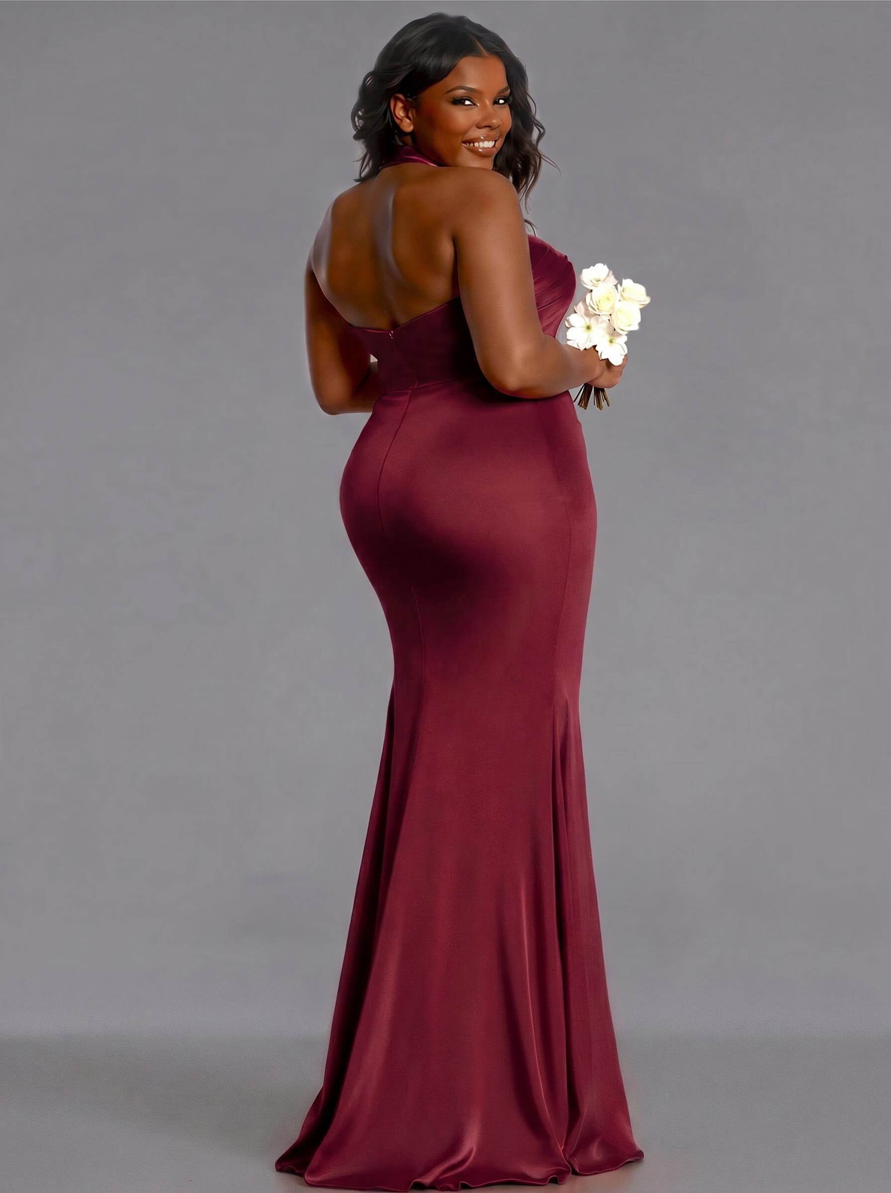Trumpet/Mermaid Halter Floor-Length Silk Like Satin Bridesmaid Dresses With High Split, product image 112
