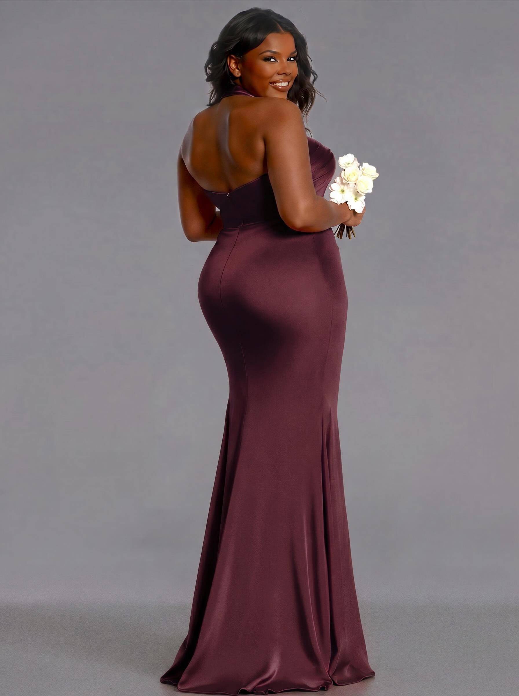 Trumpet/Mermaid Halter Floor-Length Silk Like Satin Bridesmaid Dresses With High Split, product image 116