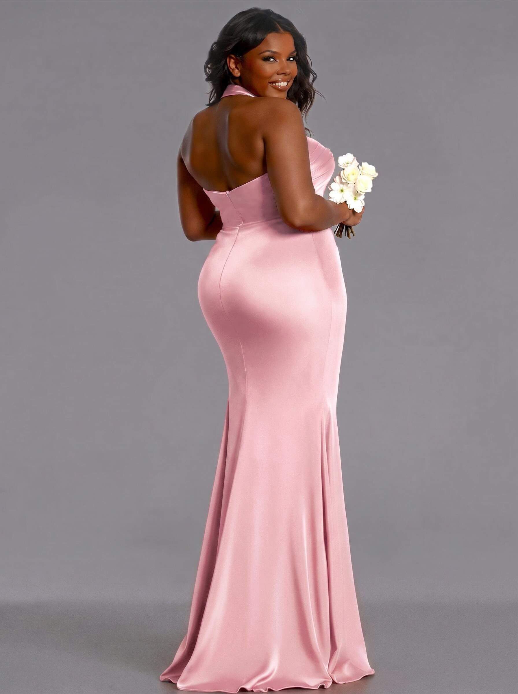 Trumpet/Mermaid Halter Floor-Length Silk Like Satin Bridesmaid Dresses With High Split, product image 176