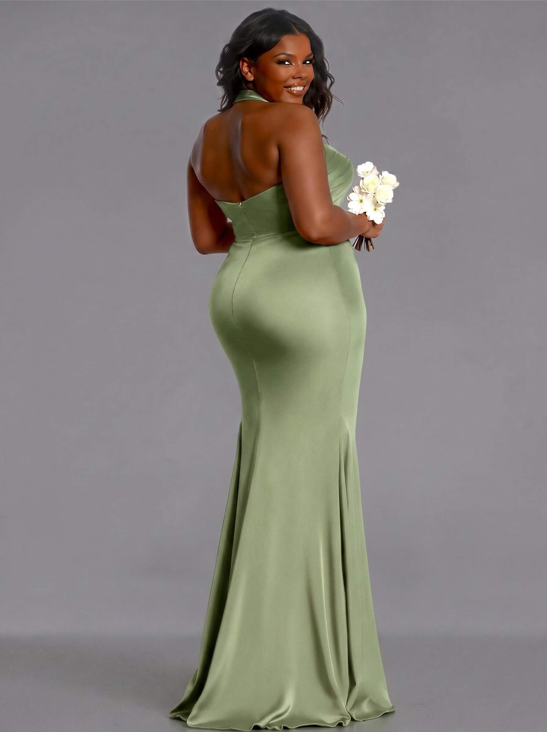 Trumpet/Mermaid Halter Floor-Length Silk Like Satin Bridesmaid Dresses With High Split, product image 118